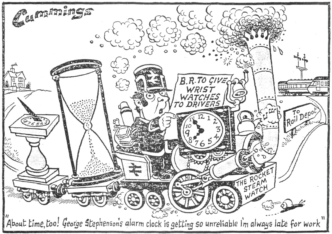 Cartoon by Cummings showing the influence of the Railways on Time keeping (B.R. = British Rail)​​​​​​​
