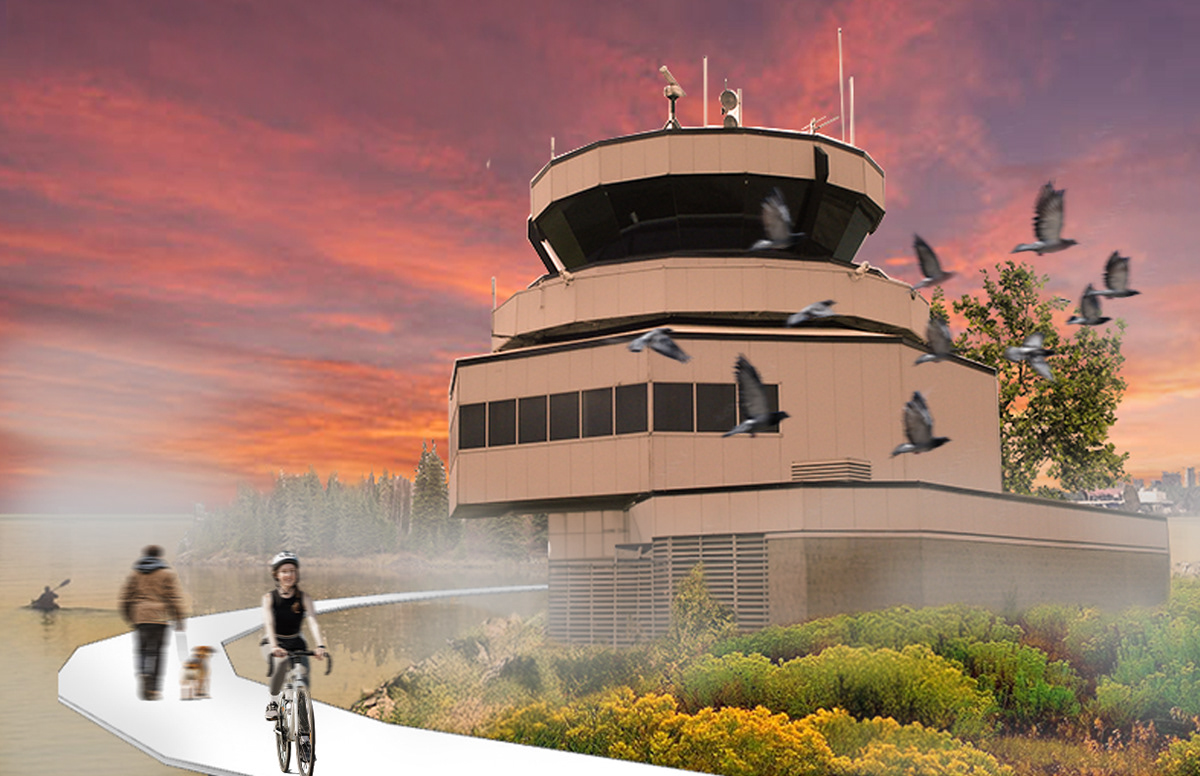 The Observation Tower (5), repurposed from the decommissioned Air Traffic Control Tower, with open-air access and educational plaques that interpret the surrounding ecosystems and their role in the site’s regeneration.