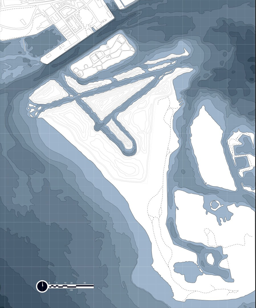 Stage 2 – Erosion & Landform Shaping Natural erosion takes over, gradually reshaping the scored land into smaller fragmented islands that echo the Toronto archipelago. Human infrastructure begins to decay. Boardwalks and paths lose their form, subtly limiting access and emphasizing the site’s shift from human-centered design to ecological priority.