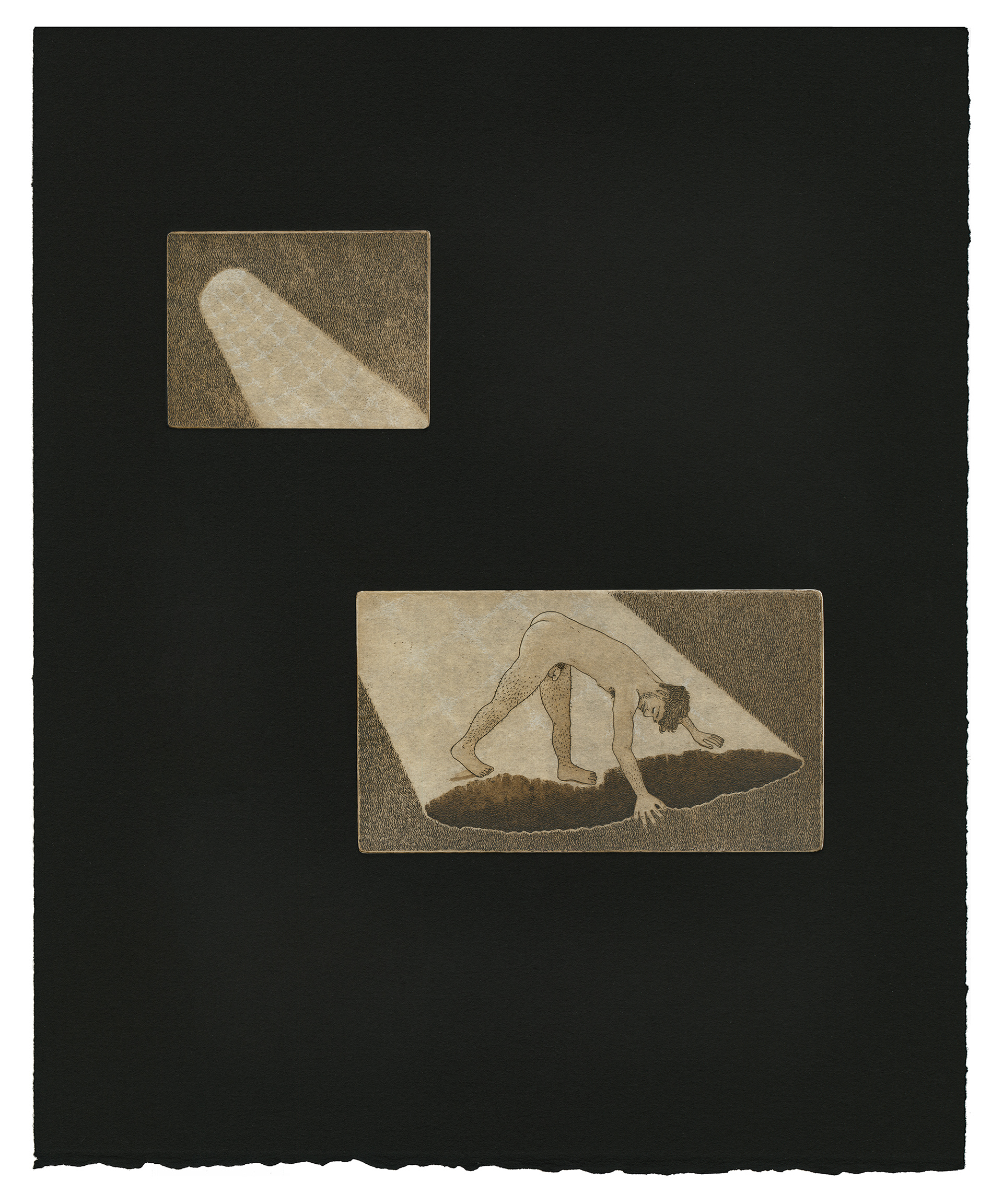 Narcissus Surveilled (dark), 2025. intaglio etching with aquatint and chine collé on black BFK Rives paper, 17 x 14 inches.