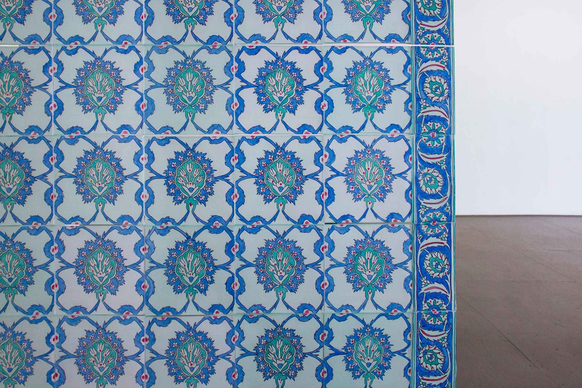 Detail of "Their Natural State" showing ornamental ottoman era inspired tiles, drawn onto vellum paper with blue, turquoise, green, and red floral patterns.
