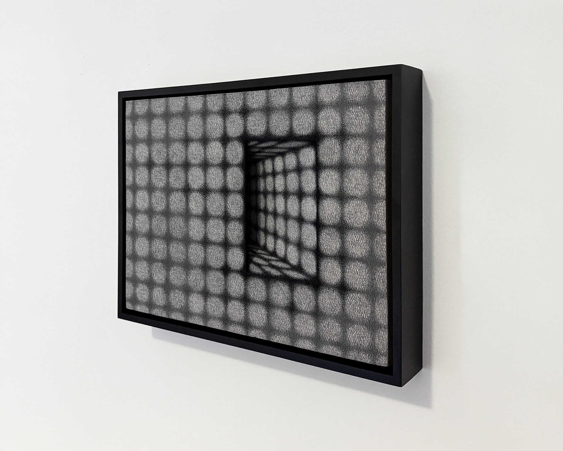 Deep Field, 2026, graphite and acrylic on paper mounted panel with inset balsa wood addition. 9 x 12 x 1.5 in