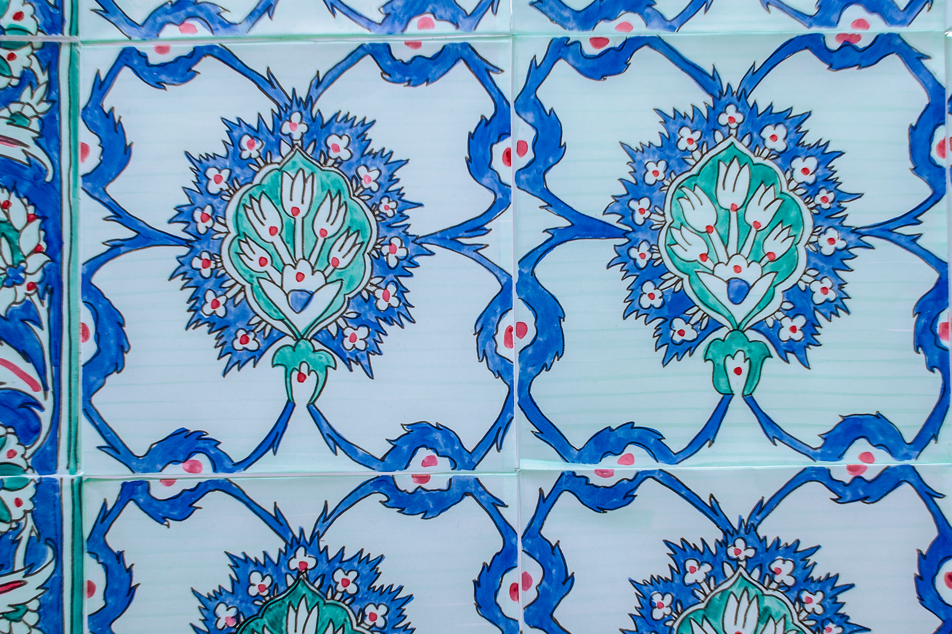 Full Close-up of "Their Natural State" showing ornamental ottoman era inspired tiles, drawn onto vellum paper with blue, turquoise, green, and red floral patterns. Slight variations in the drawn pattern are more discernible in this image.