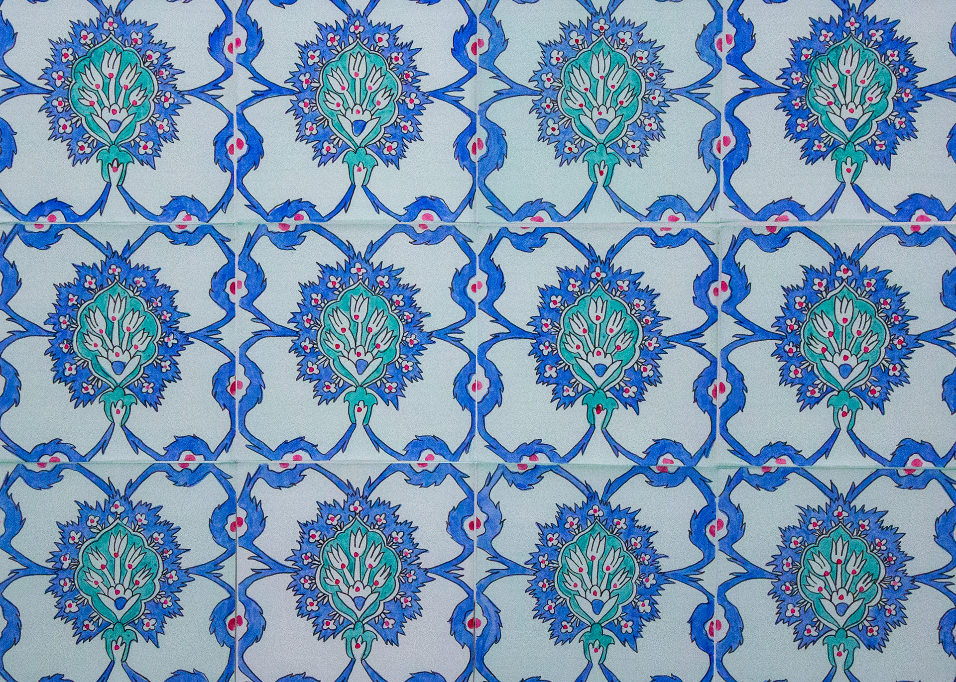 Detail of "Their Natural State" showing ornamental ottoman era inspired tiles, drawn onto vellum paper with blue, turquoise, green, and red floral patterns.