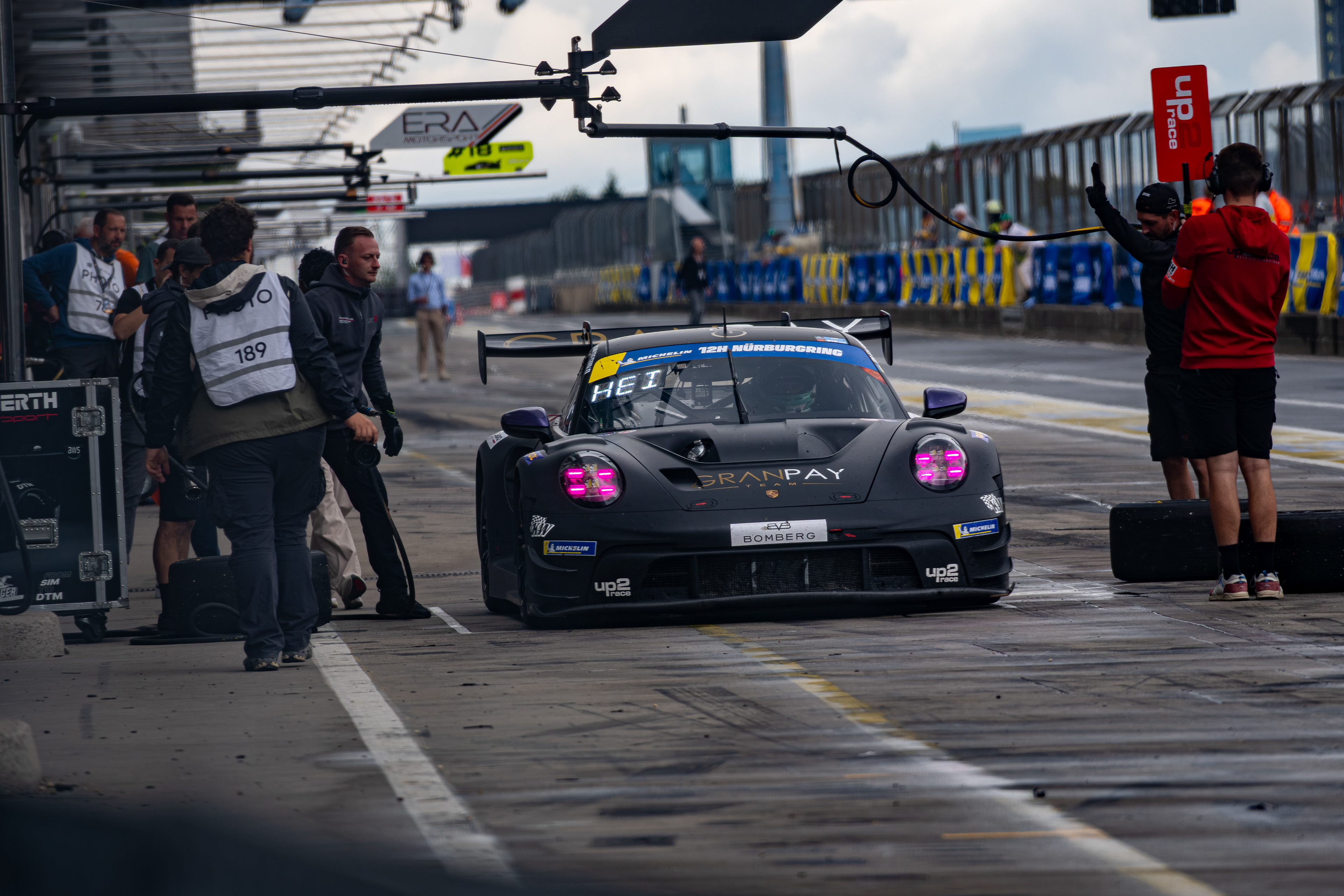 Porsche Gt3 in the pits after a pit-stop at the 12 hours Nürburgring.