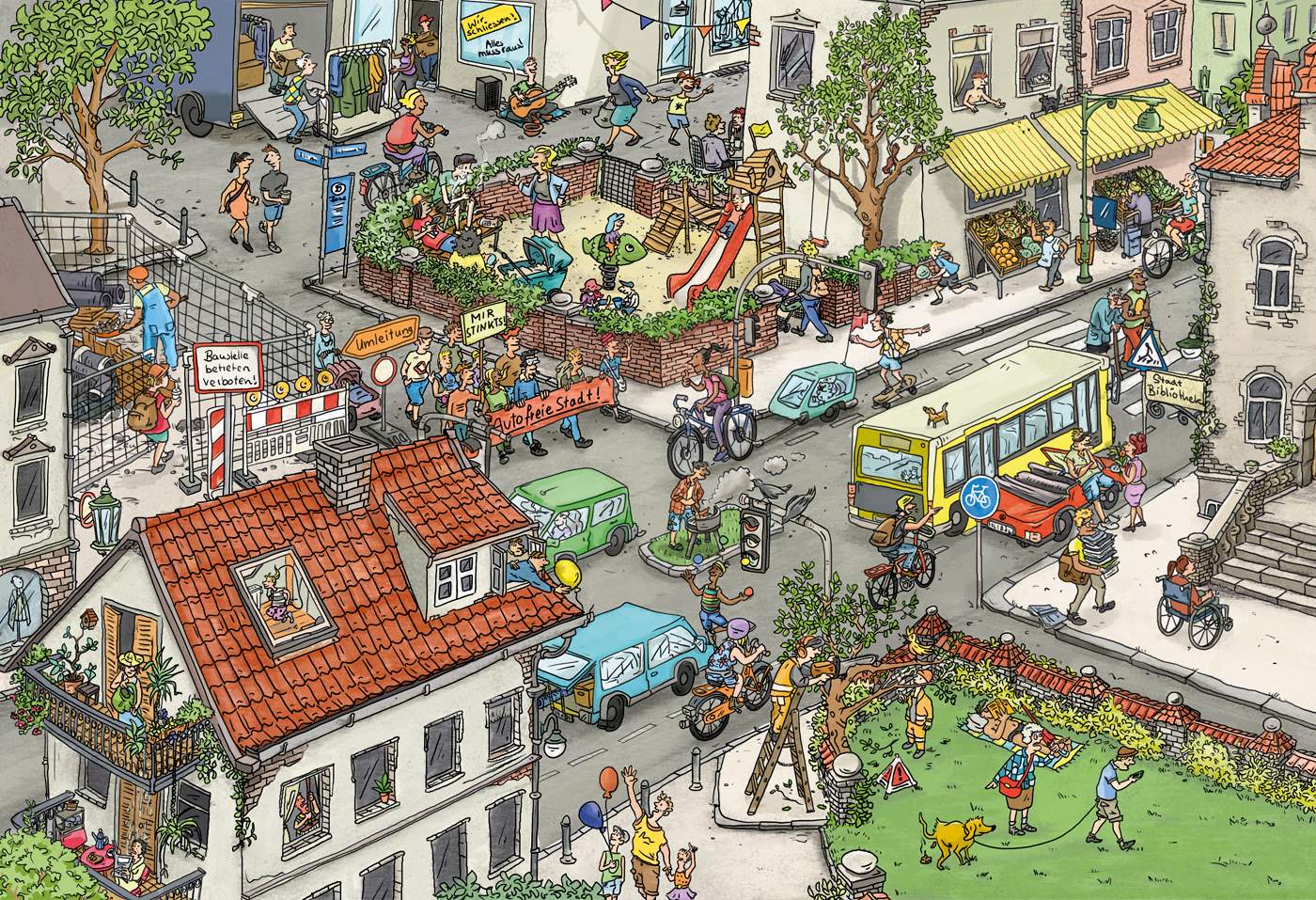 Wimmelbild von einer Stadt mit vielen Details