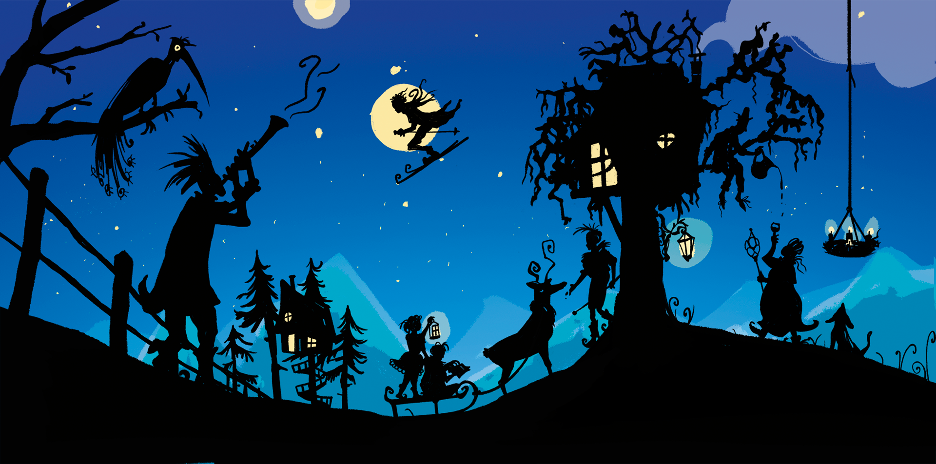 Weihnachtskarte im Scherenschnittstil. Fabelwesen vor einer Winterlandschaft mit magischer Stimmung