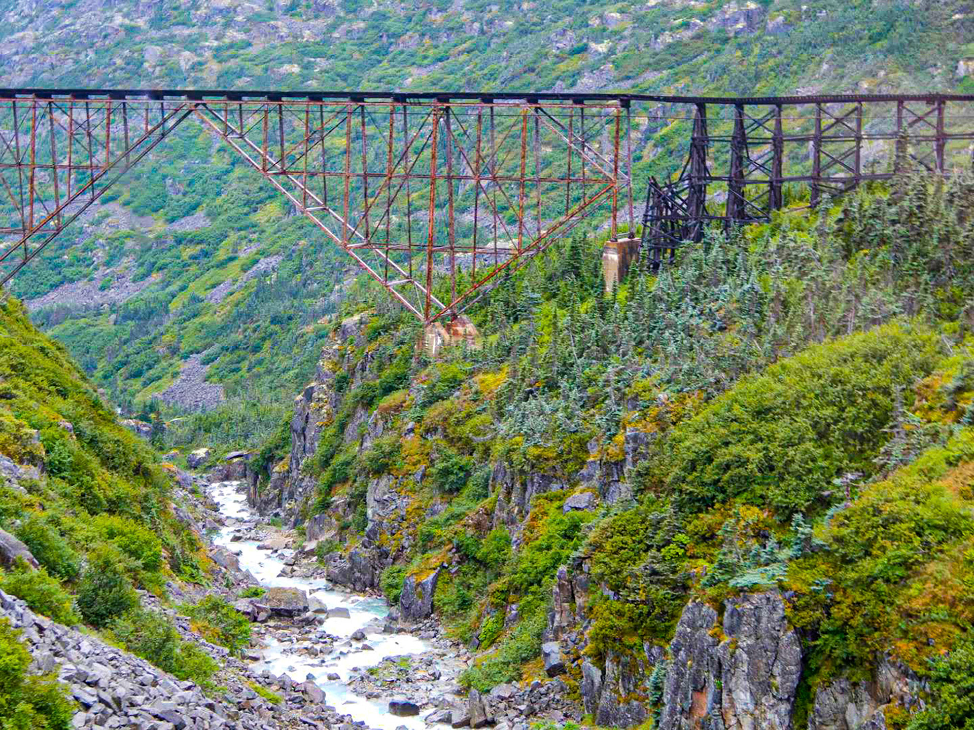 Unused trestle bridge on the White Pass & Yukon Route Railroad