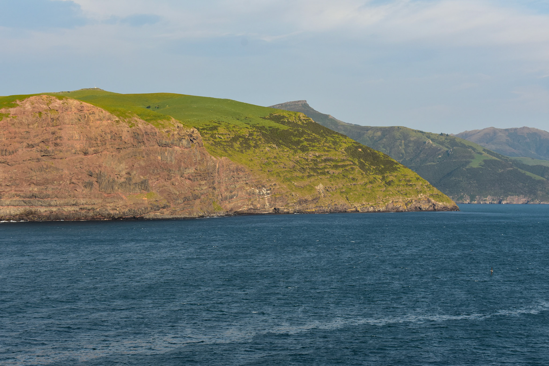 Sailing past the entrance to Akaroa harbor and the Banks Peninsula. Weather prevented us from stopping in Akaroa.