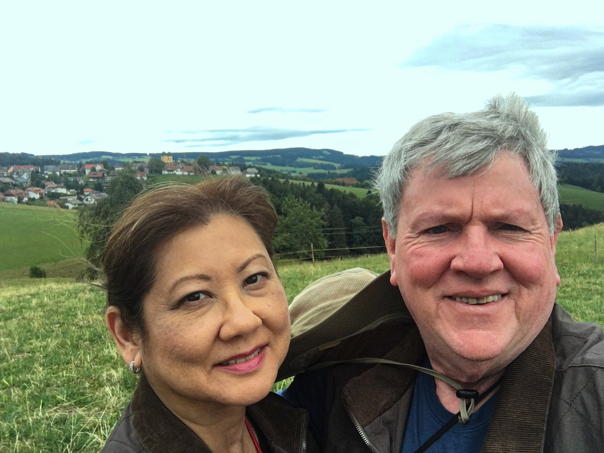 Selfie with rolling mountains of the Black Forest in the background