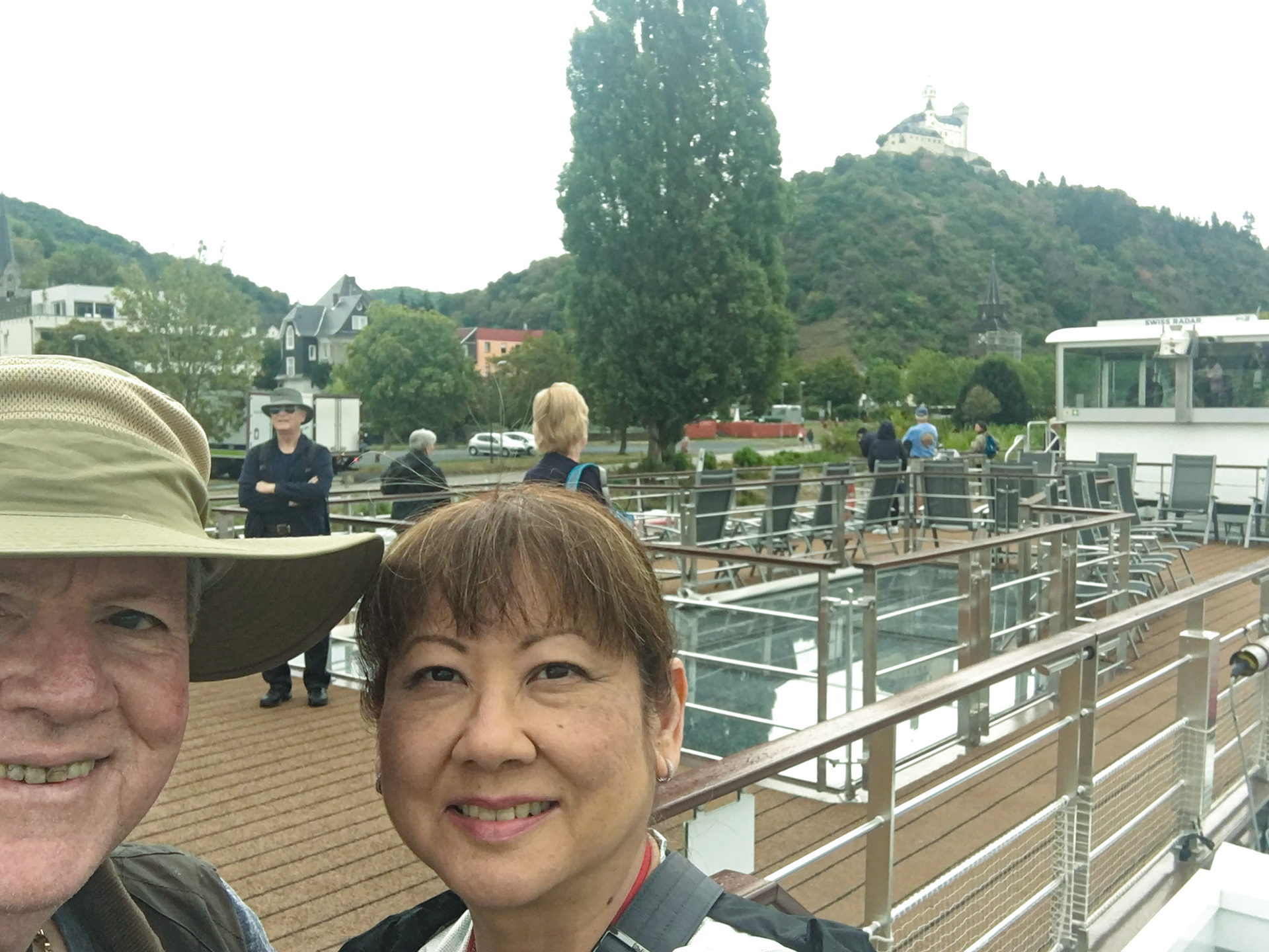 Susan and I onboard the Herja with Marksburg Castle high on the hill in the distance