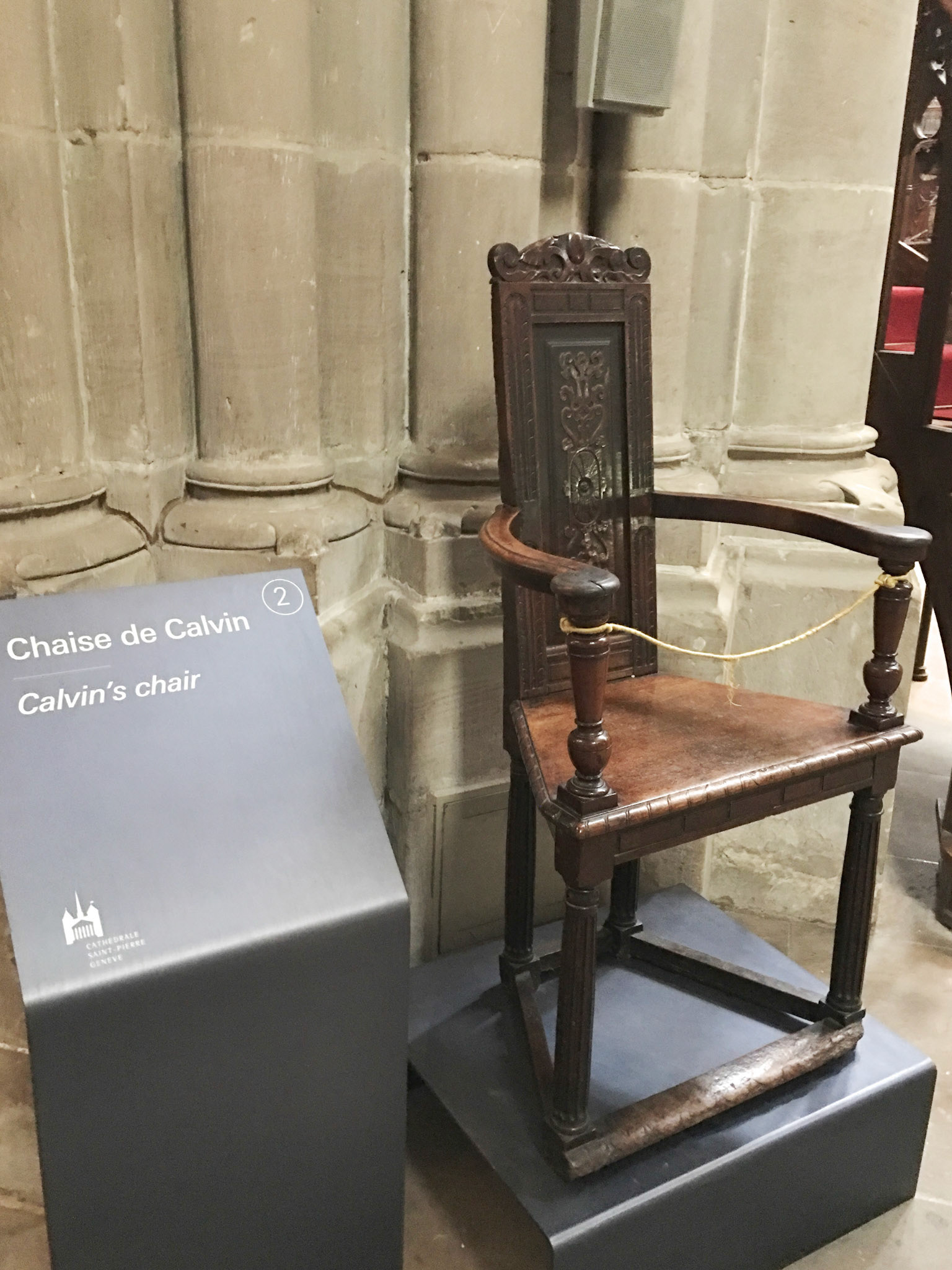 Calvin's Chair inside St Pierre Cathedral