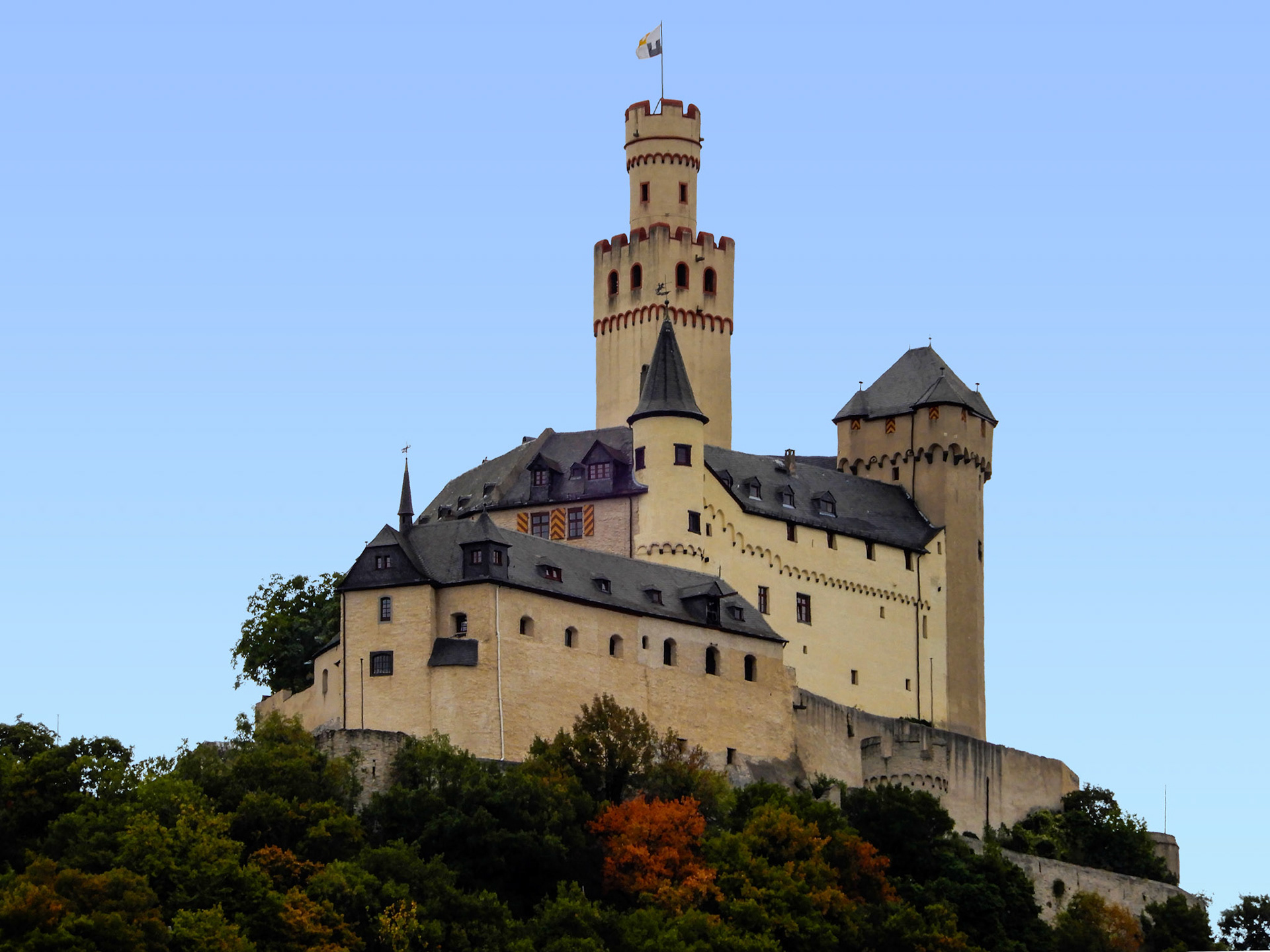 The Marksburg is a castle above the town of Braubach in Rhineland-Palatinate, Germany. It is one of the principal sites of the Rhine Gorge UNESCO World Heritage Site. The fortress was used for protection rather than as a residence for royal families.