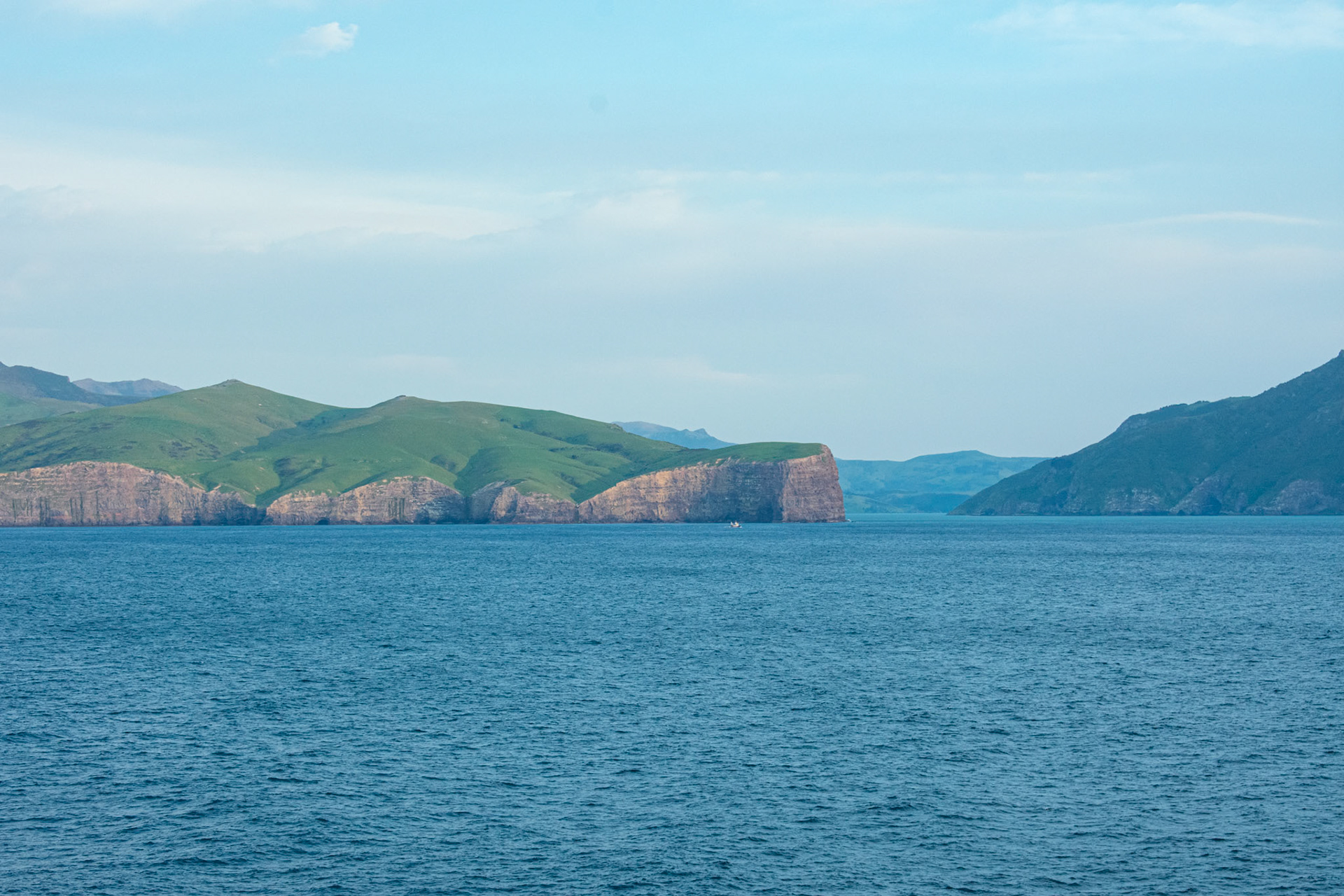 Sailing past the entrance to Akaroa harbor and the Banks Peninsula. Weather prevented us from stopping in Akaroa.