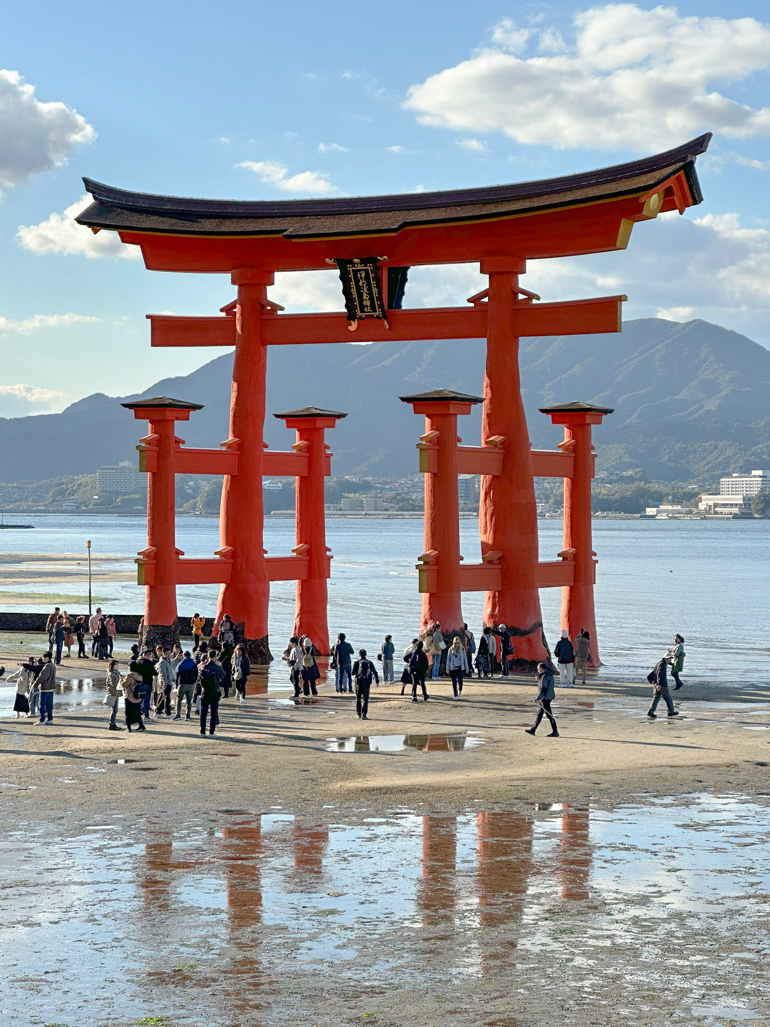 Itsukushima Shrine's "floating" torii gate at low tide