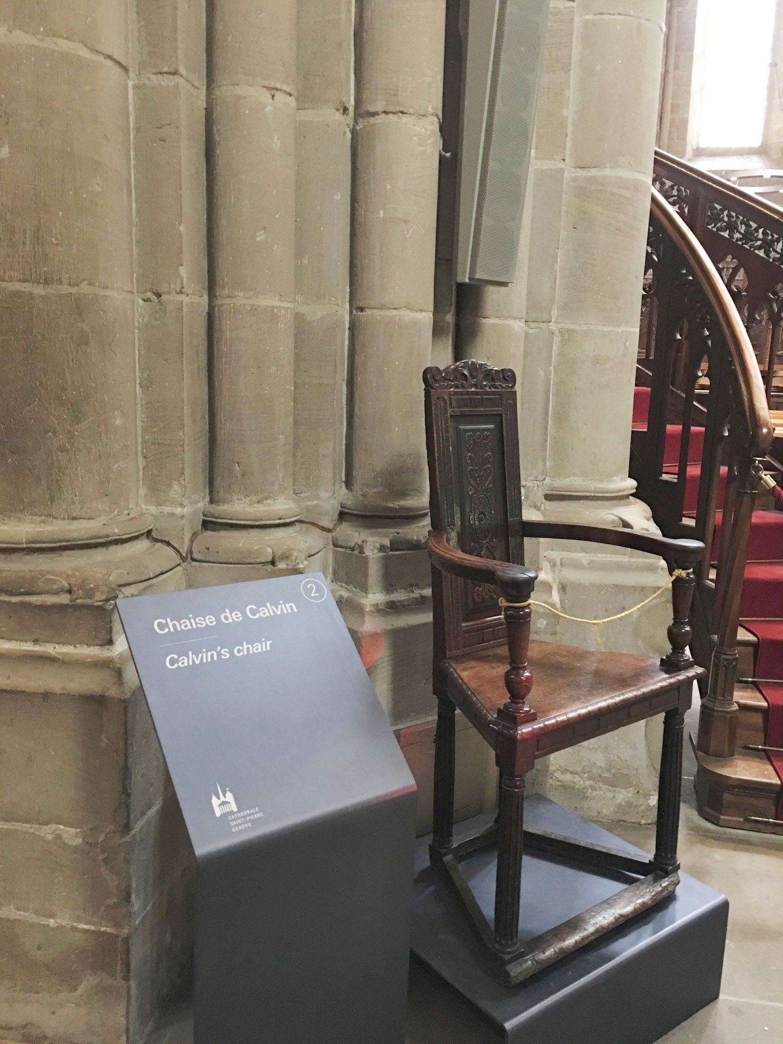 Calvin's Chair inside St Pierre Cathedral