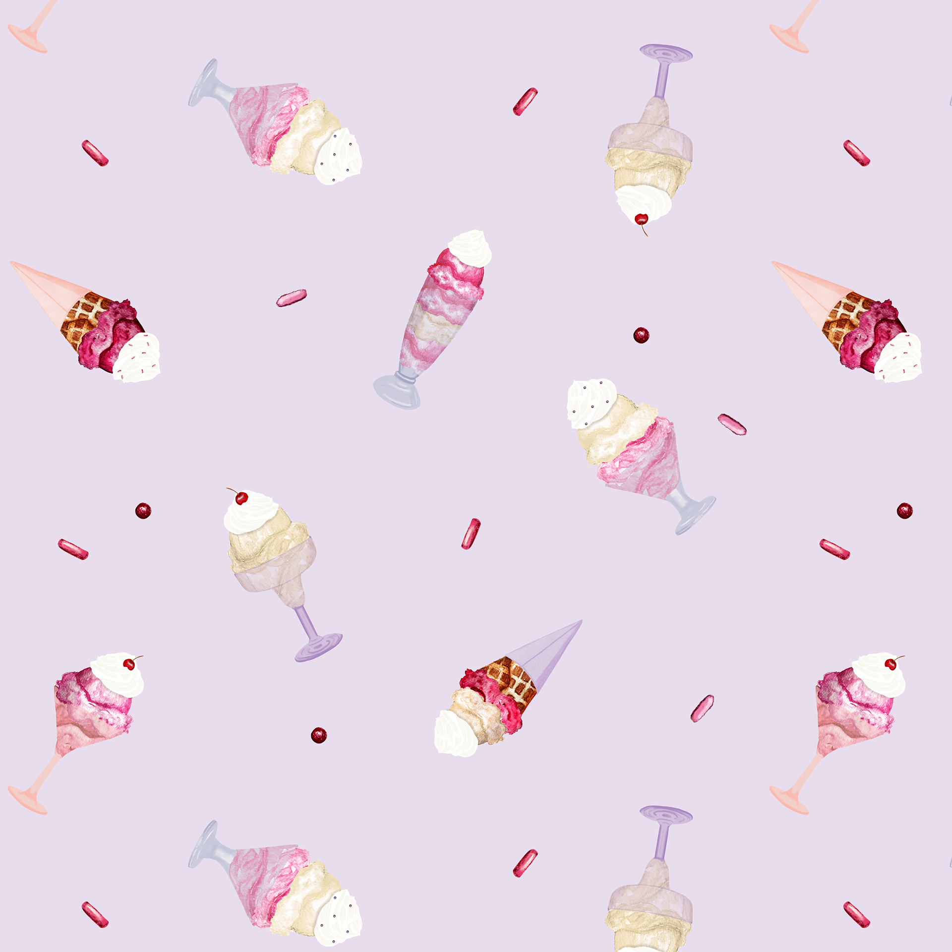 Ice Cream Sundae Pattern in Watercolor