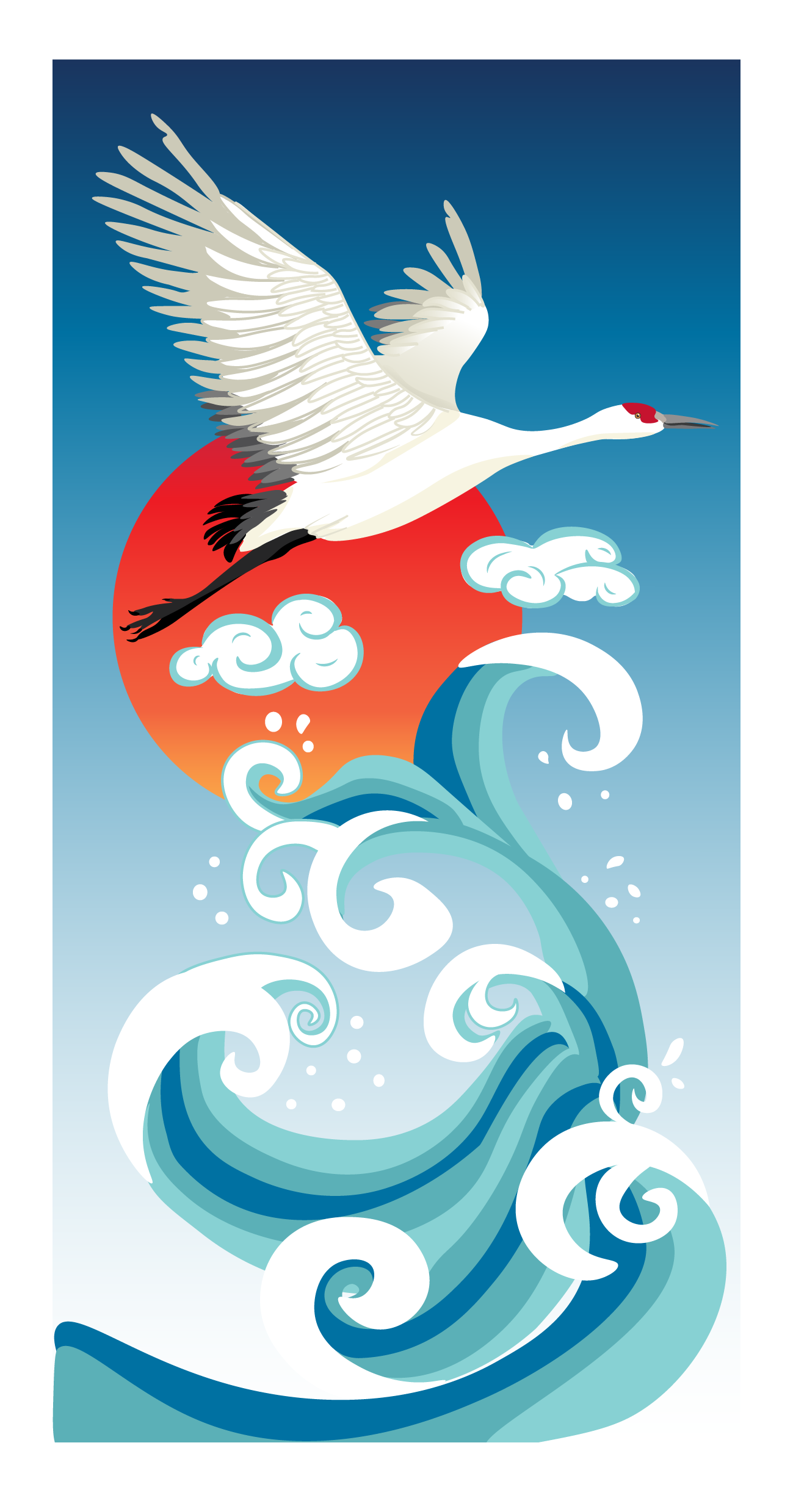 Wave, Crane, & Sun Vector Art