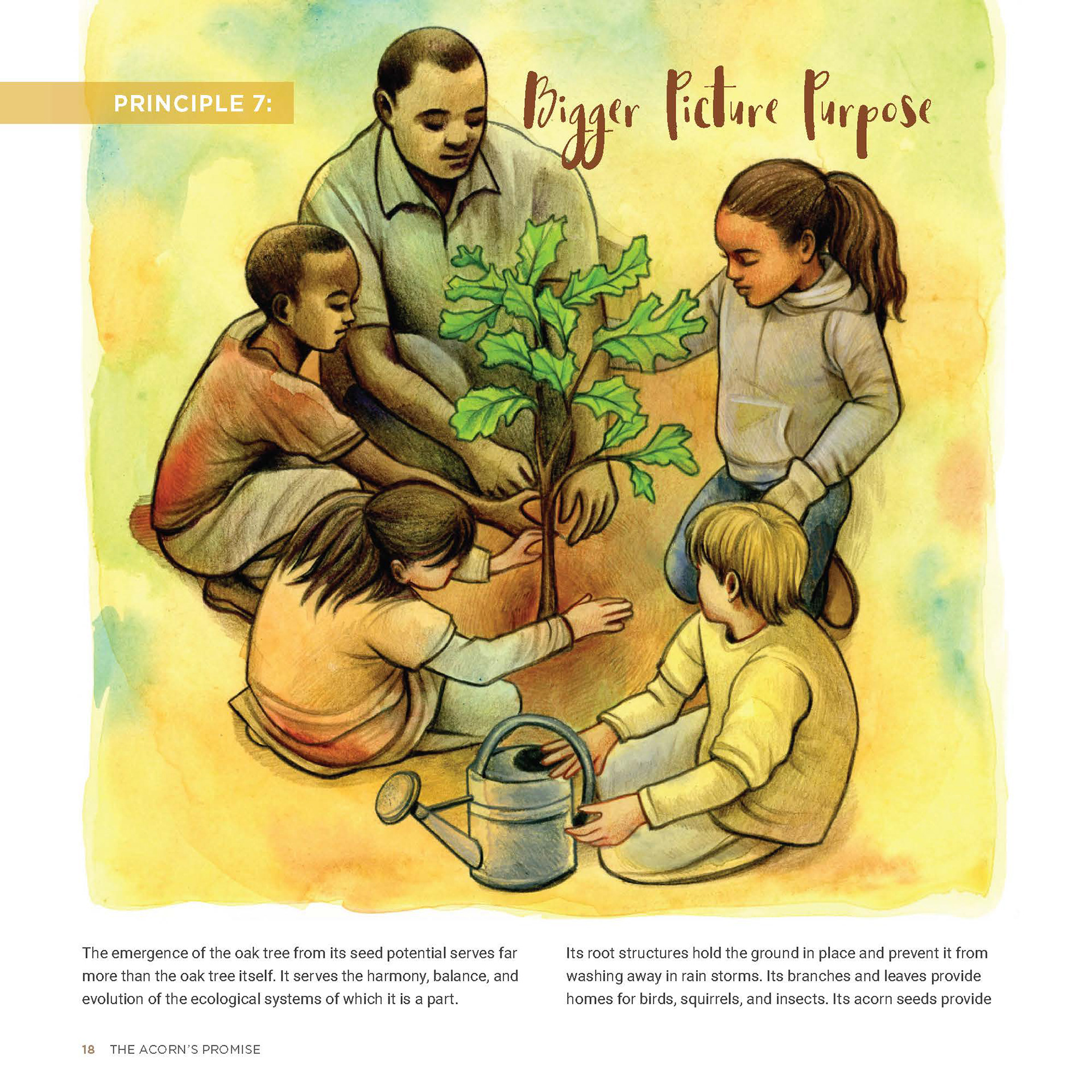 An adult and children plant an oak tree together