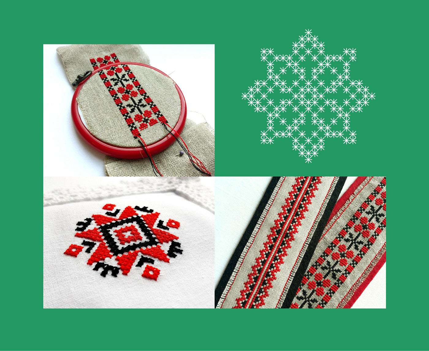 Traditional, rustic embroidery examples that serve as a visual reference utilized in Monki packaging design.