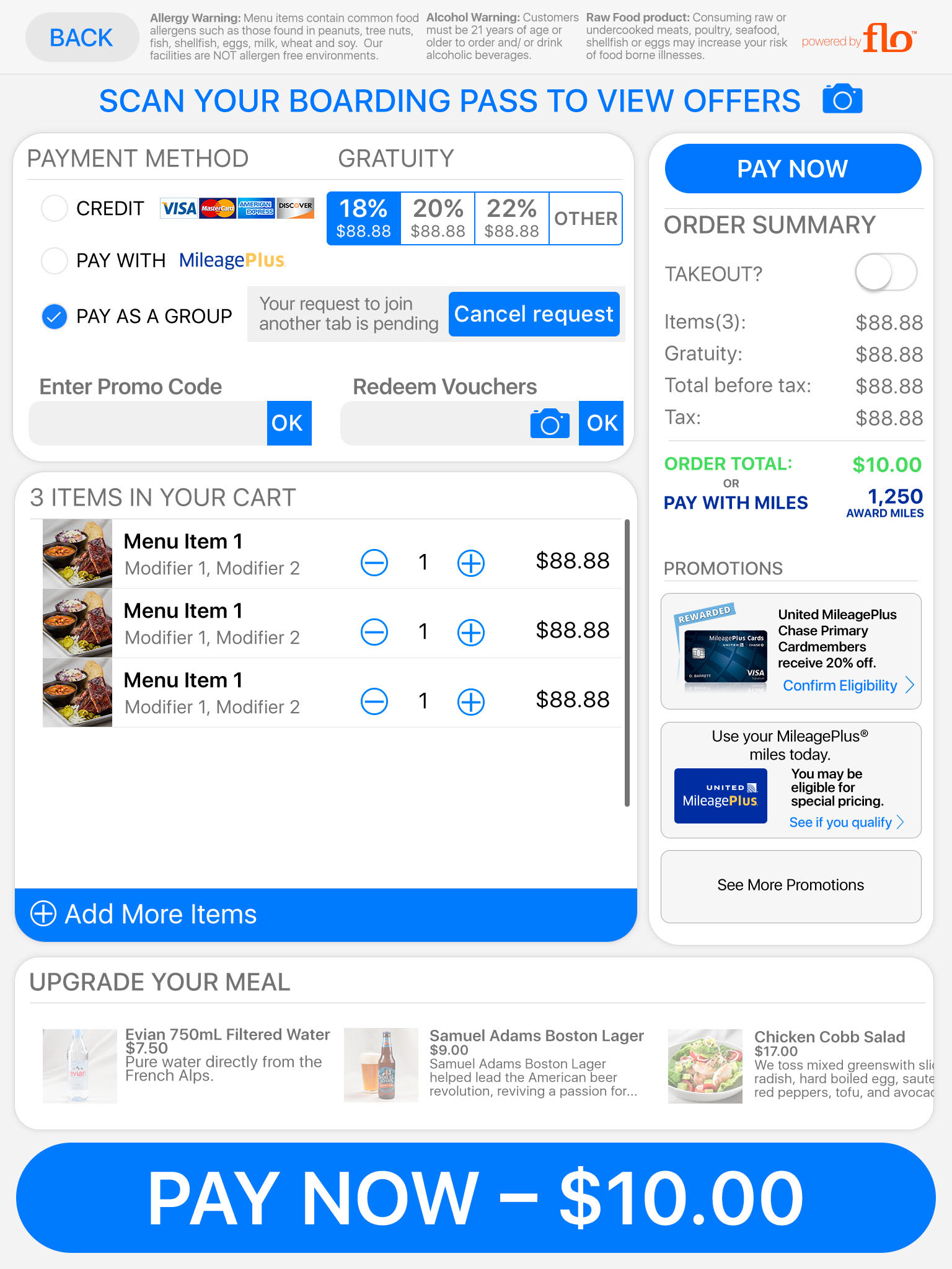 Diner 2 has a check page that shows their request