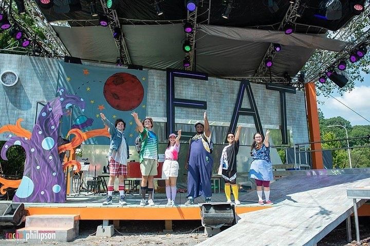 Painted the purple/orange tree and Mars Drop for a Hangar Theatre Kidstuff show, also painted the distressed tile treatment preset on the base Sweeney Todd Set, Scenic Designer Diggle. 