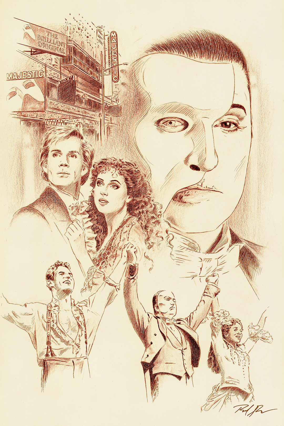 Fan art based on "The Phantom of the Opera" stage musical by Andrew Lloyd Webber featuring lead actors from original and final Broadway casts