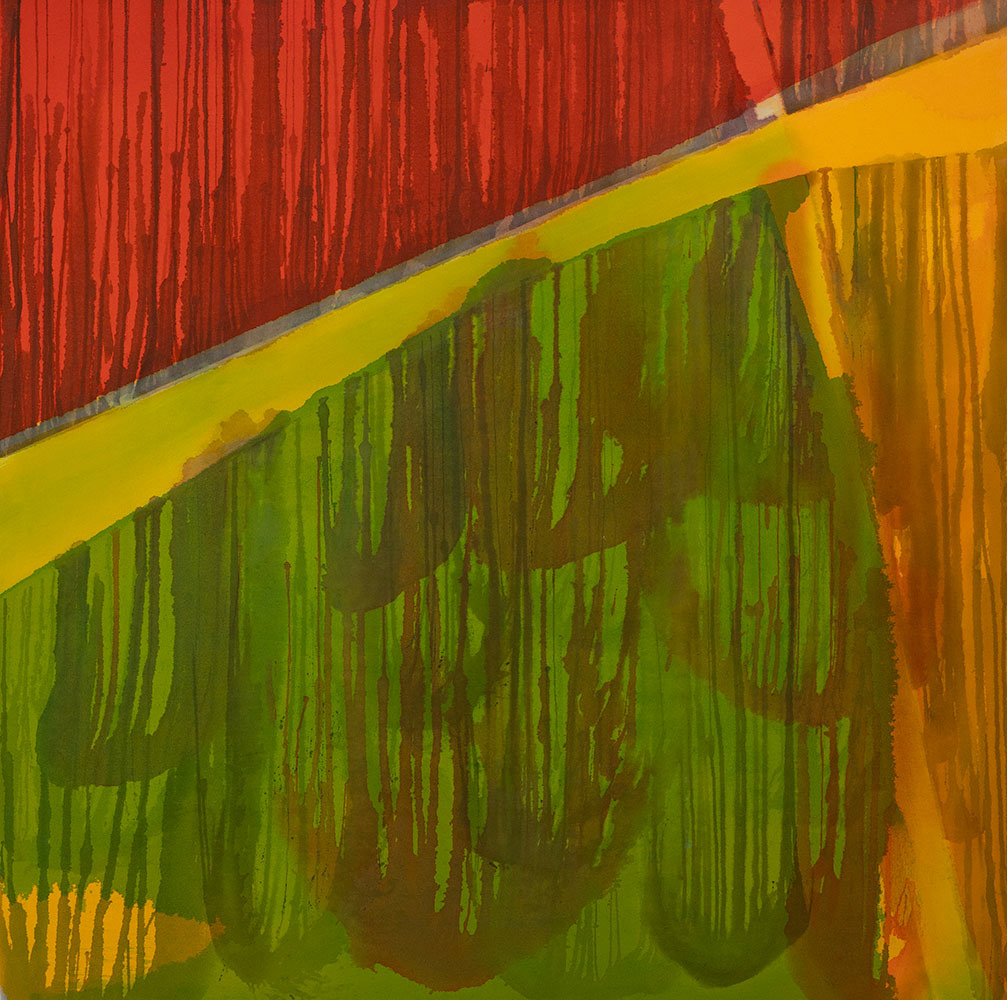 Cascading Red and Green, Acrylic on raw canvas, 44 x 44 inches