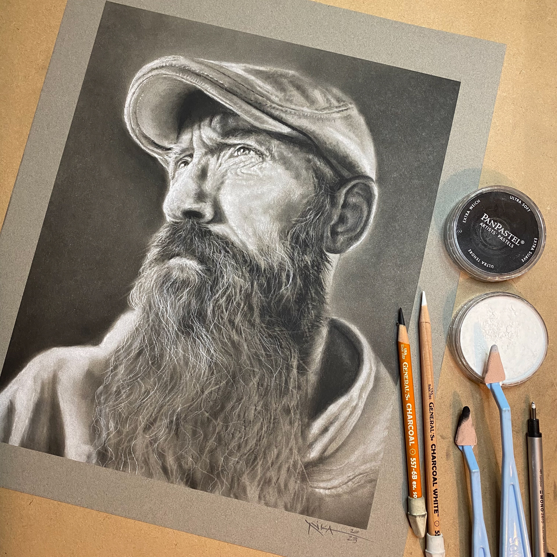 Rick the Muse | Charcoal Pencil and PanPastel on Strathmore Toned Paper : Unframed Size 12x10” : 2023 | Private Collection | Inquire for Prints