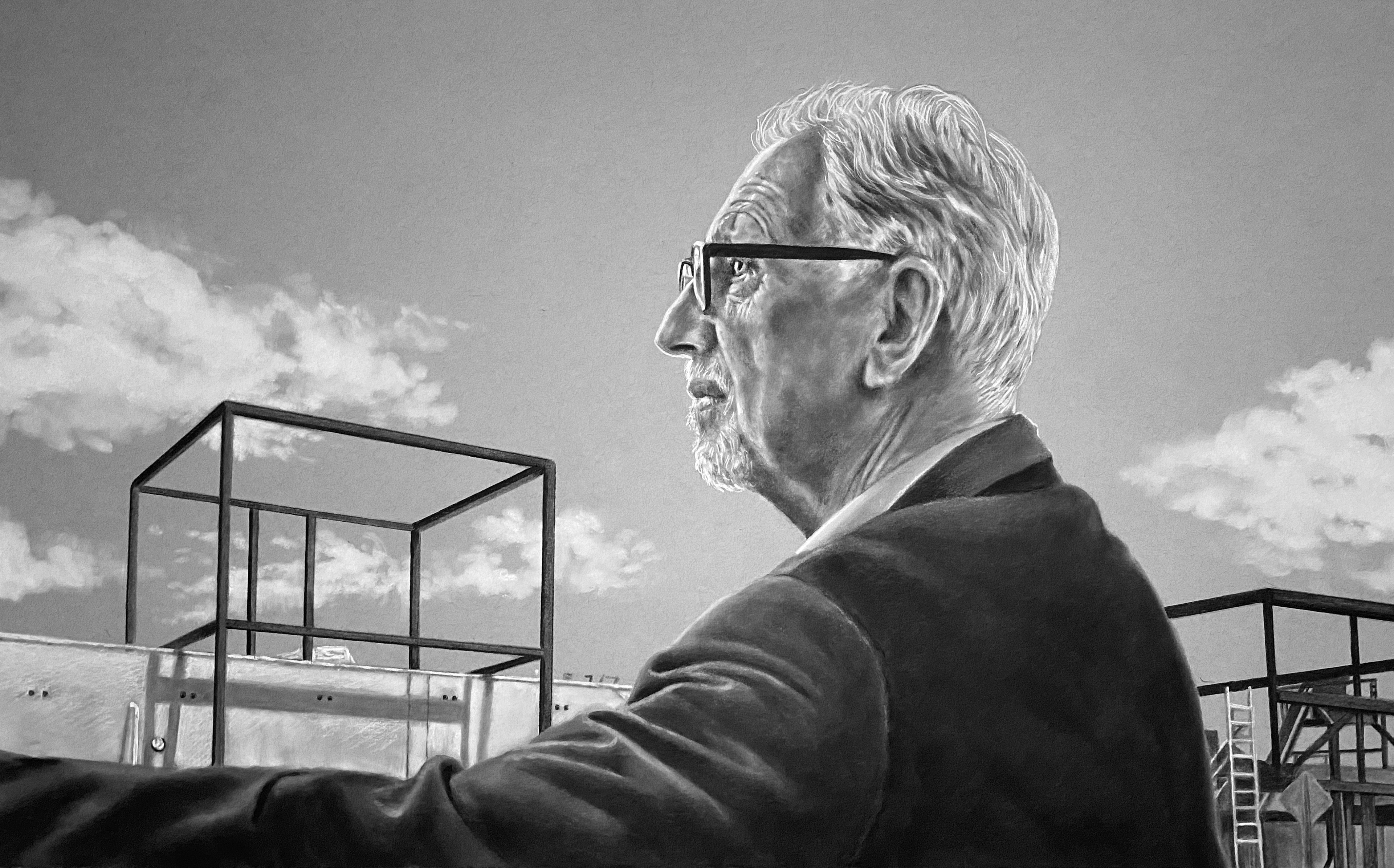 Hilbert : Under Construction | Charcoal Pencil and PanPastel on Strathmore Toned Paper : 23x31” : 2024 : Professionally framed with archival linen matting, Hand-carved Frame by Daniel Day of Daedalian Frames and museum glass $4,400 | Available through the California Art Club | Inquire for Prints