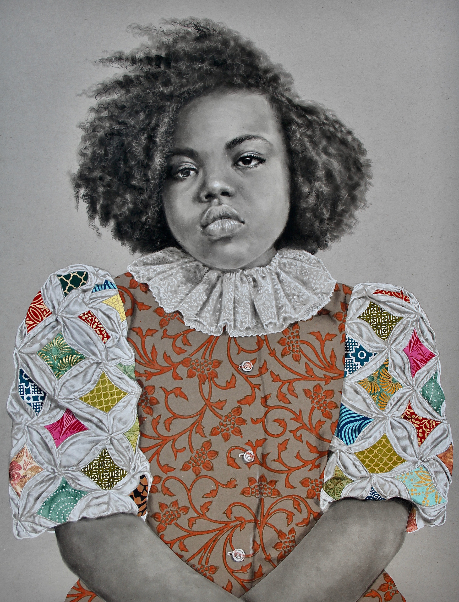 Ella the Fierce | Charcoal Pencil, PanPastel and Japanese Washi Paper on Strathmore Toned Paper : 36x24" : 2023 : Professionally framed in custom made Tabernacle with 22k Gilded Arch Inset and Museum Grade Plexiglas $7,500 | Available | Hand-embellished Prints Available 