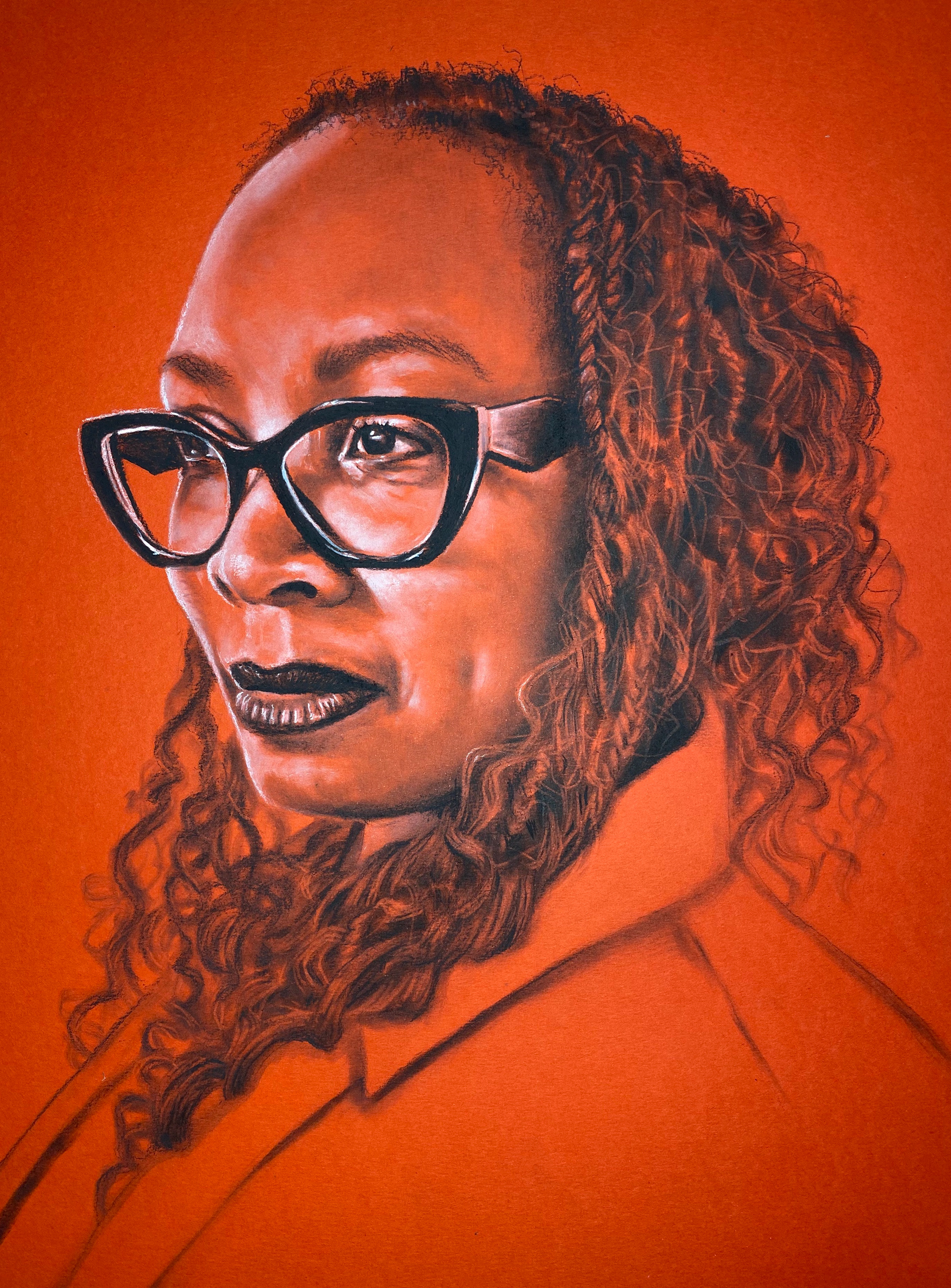 Muse Encounters : In Red | Charcoal Pencil and PanPastel on Canson Red Toned Paper : 23x19" : 2023 : Professionally framed with archival matting and museum glass  |  $1,600  | Available