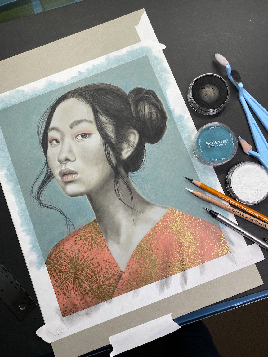 Kintsugi | Online lesson available that shows how to create this portrait from start to finish (See Workshops Page or message for more info | Charcoal Pencil, PanPastel and Japanese washi paper on Strathmore Toned Paper : 22x19” : 2023 : Professionally framed with archival matting and museum glass $1,800 | Original Acquired by The Hilbert Museum of California Art | Prints Available