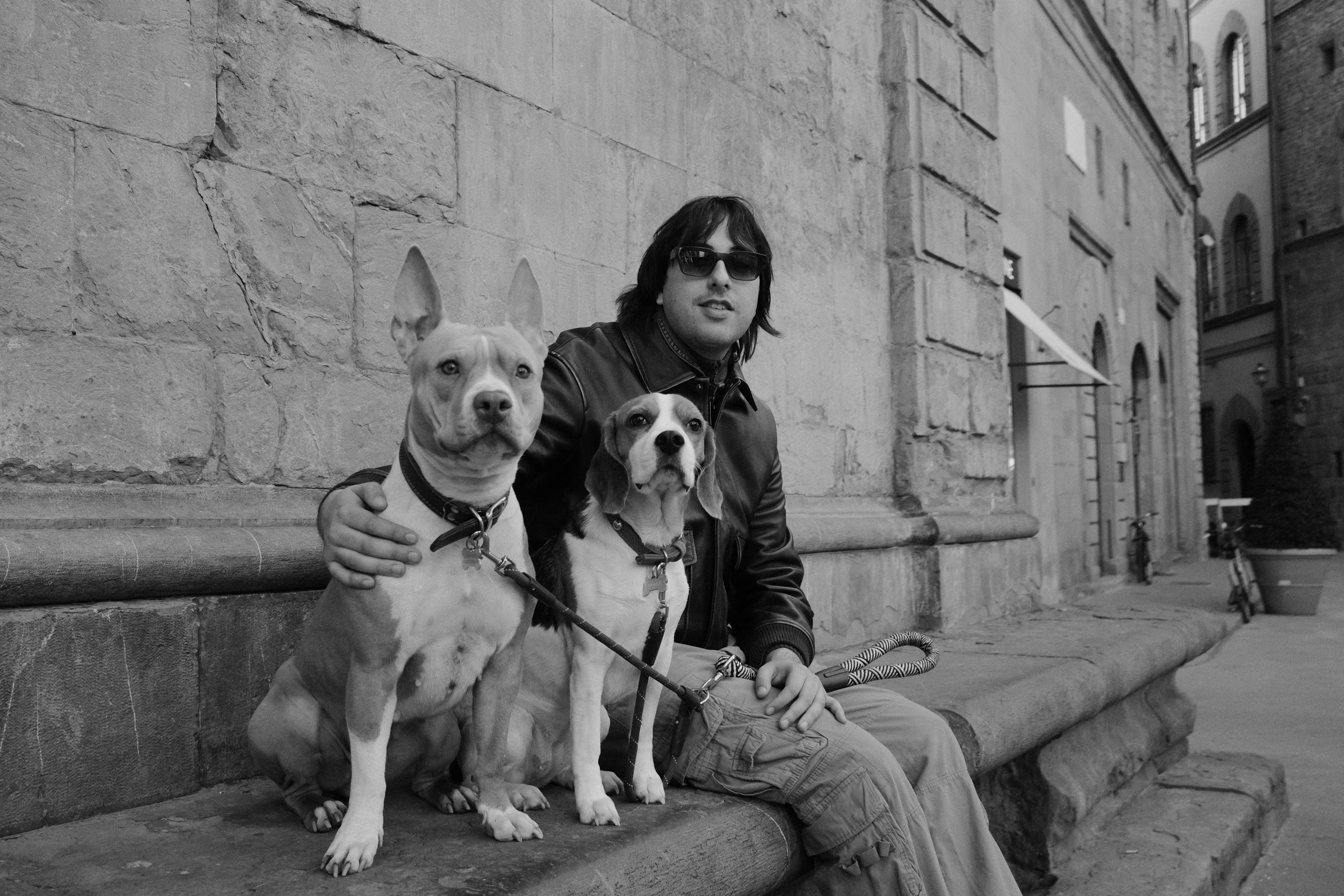 Leonardo with his two dogs. Florence, Italy 2024.