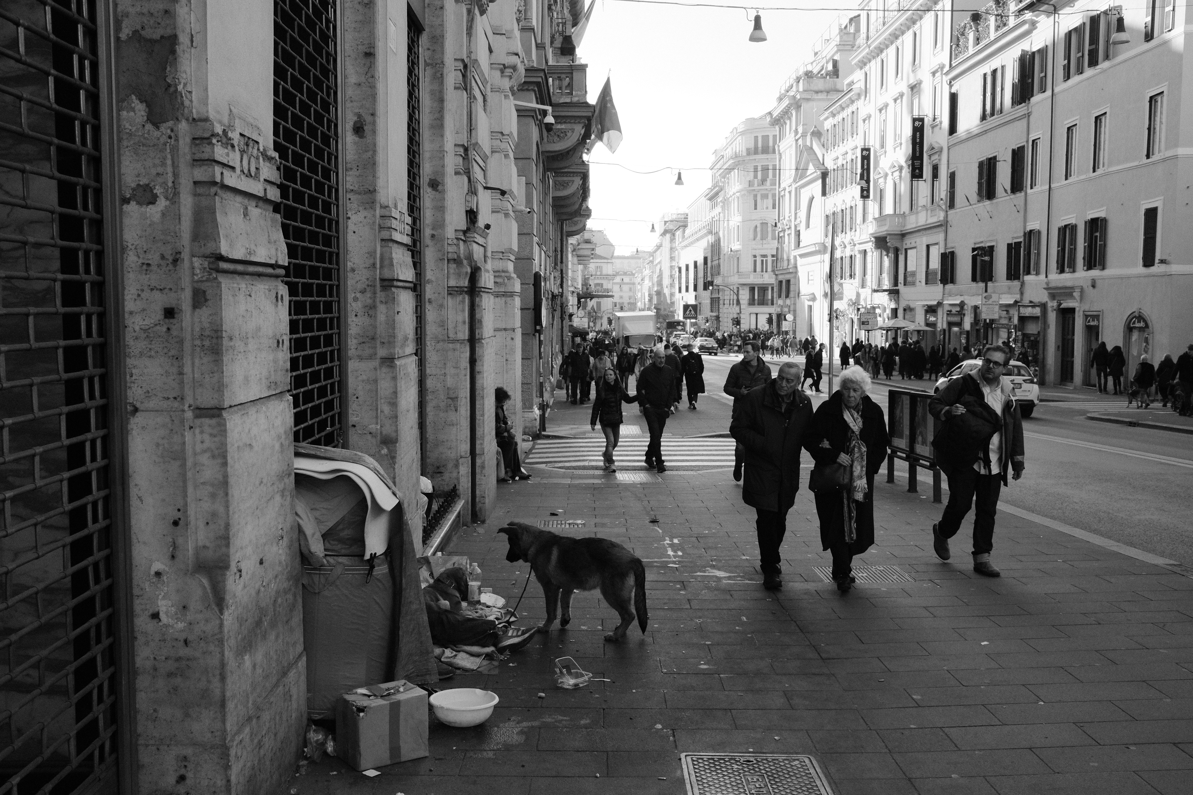 People looking at a homeless person with two dogs. Rome, Italy 2024.