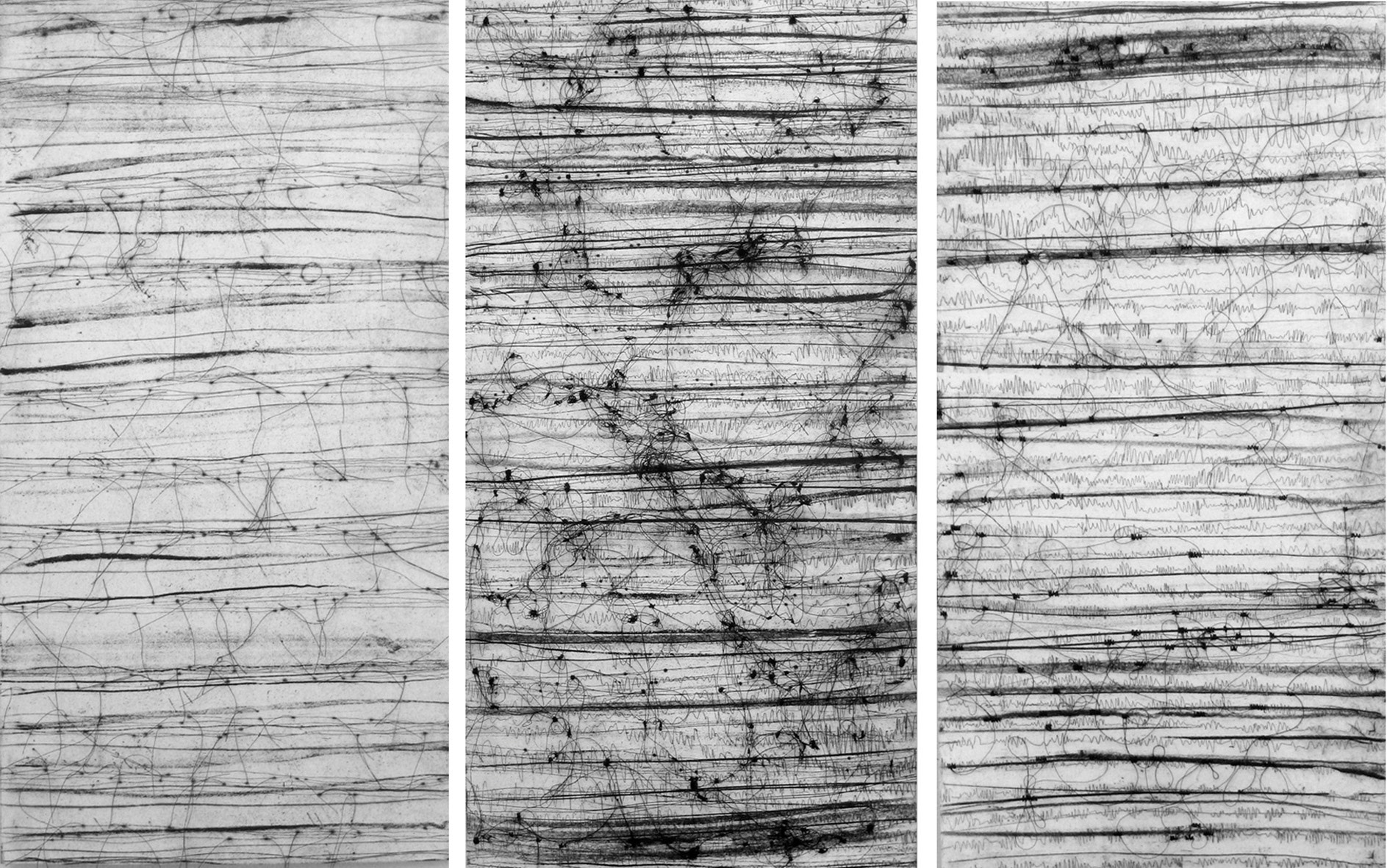 Sound scores. Etching, drypoint, ink, sewing, 2010. Photograph by Geoff Dunn.
