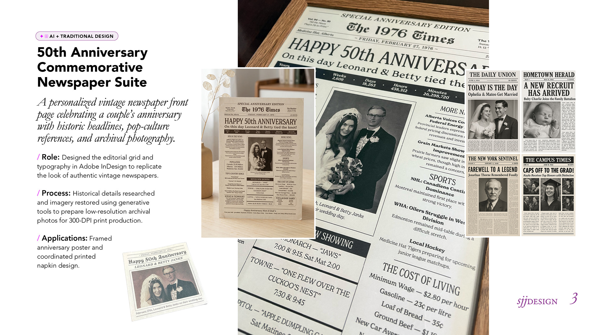 Commemorative newspaper keepsake design by sjjdesign featuring vintage editorial typography and anniversary photo layouts.