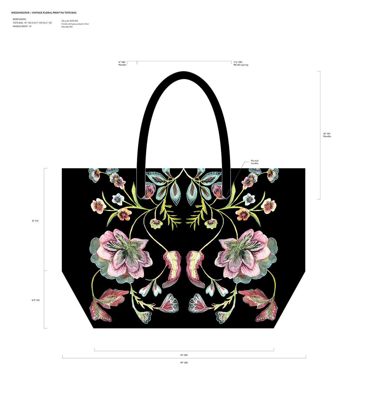Faux Leather Tote Bag Original Artwork - Black Vintage Floral - ©Weddingstar Inc. - www.weddingstar.com