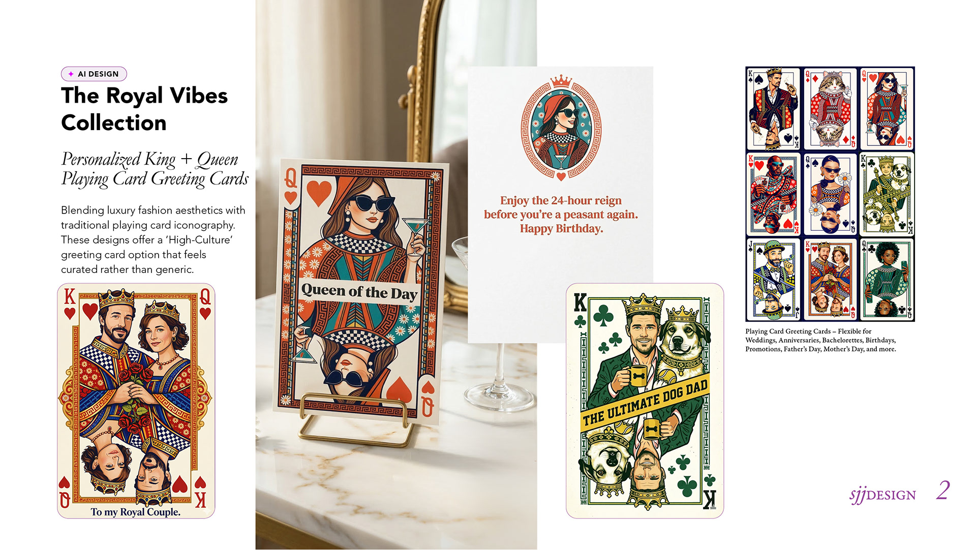 Playing card stationery design by sjjdesign featuring ornate illustrated cards and colorful collectible print layouts.