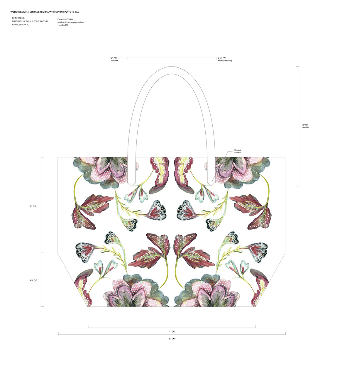 Faux Leather Tote Bag Original Artwork - White Vintage Floral - ©Weddingstar Inc. - www.weddingstar.com