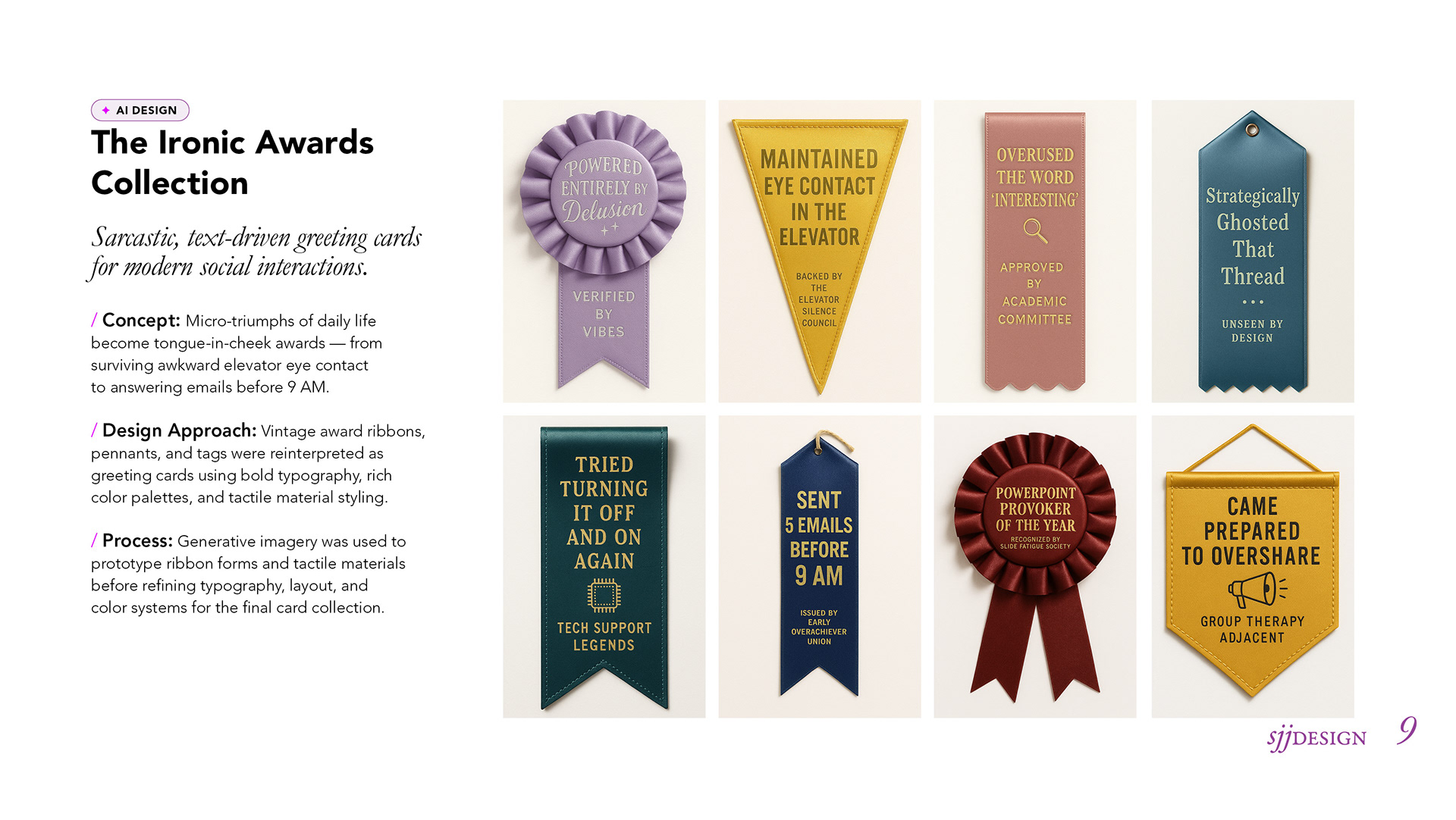 Ribbon-style custom card designs by sjjdesign featuring award badge shapes, decorative banners, celebratory typography and event stationery layouts.