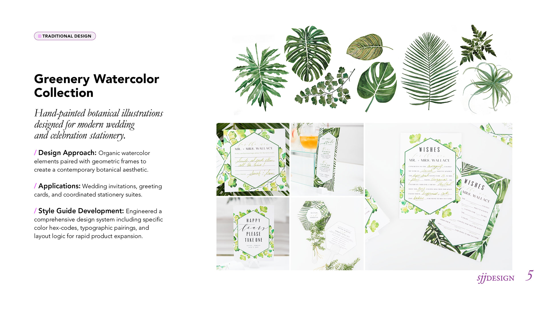 Watercolor botanical stationery design by sjjdesign featuring green foliage frames and invitation layout elements.