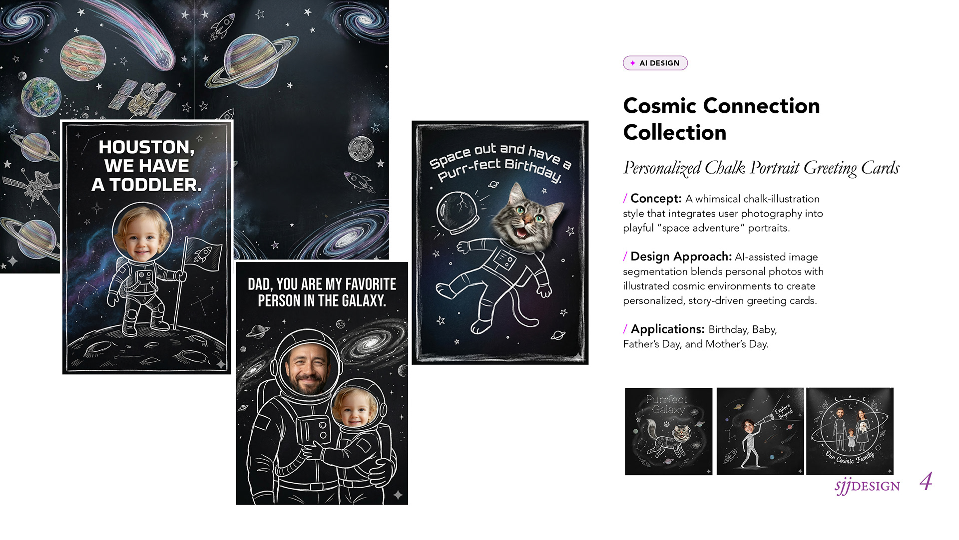 Space-themed chalkboard greeting card designs by sjjdesign featuring celestial illustrations, hand-lettered typography, blackboard textures and whimsical celebration layouts.