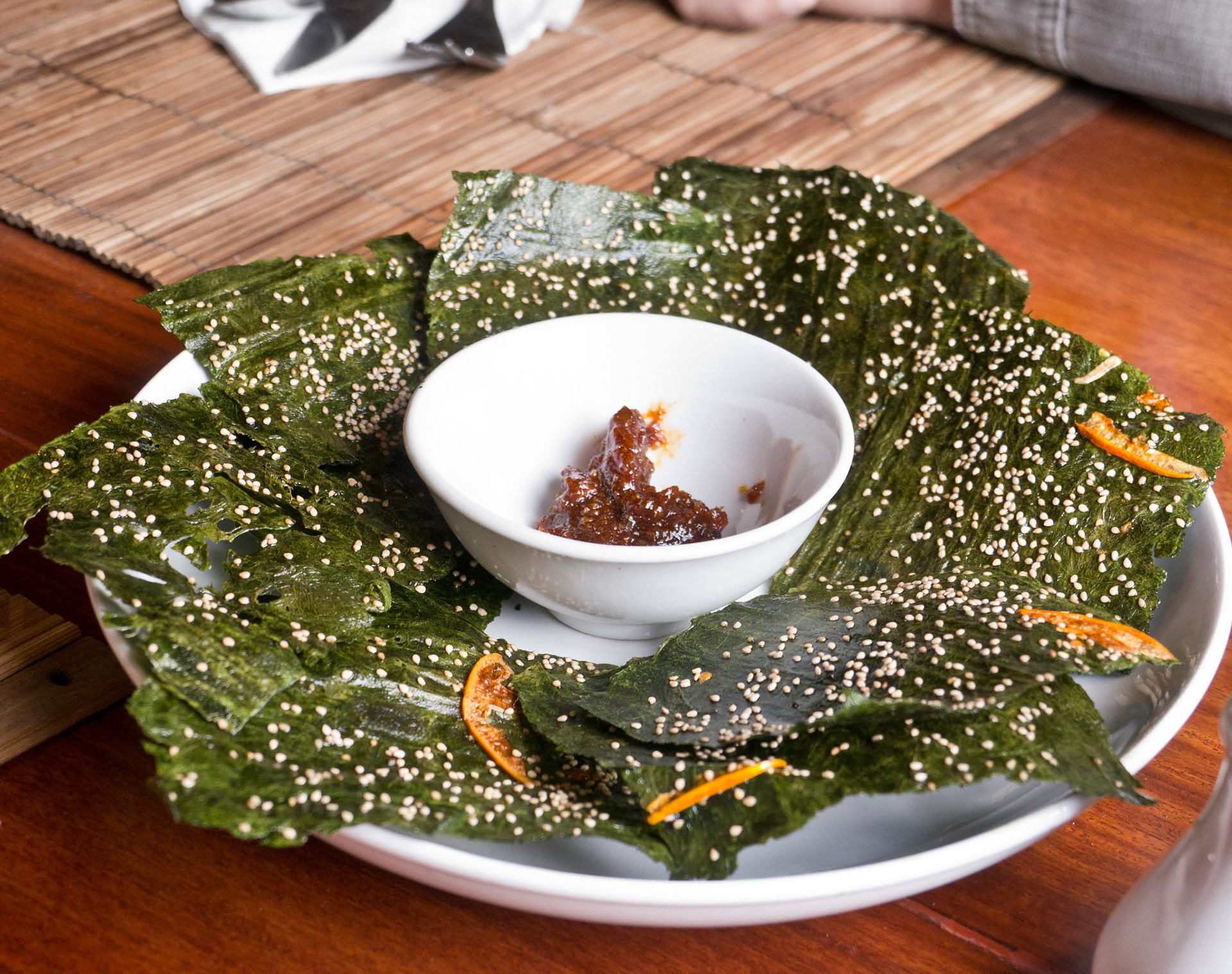 Deep fried Mekong River weed with a chilli and buffalo skin dip