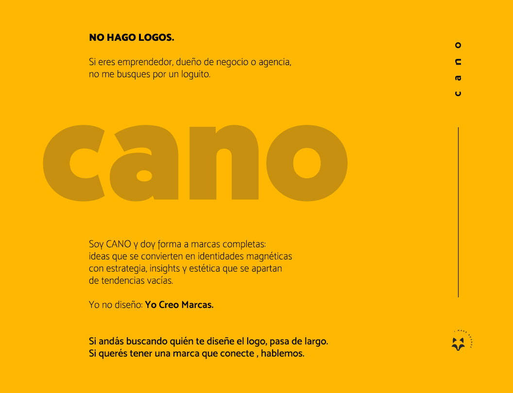Manifiesto de Josh Cano sobre diseño de marcas: Soy CANO y doy forma a marcas completas con estrategia, insights y estética. Fondo amarillo y elementos gráficos (logotipo e isotipo))