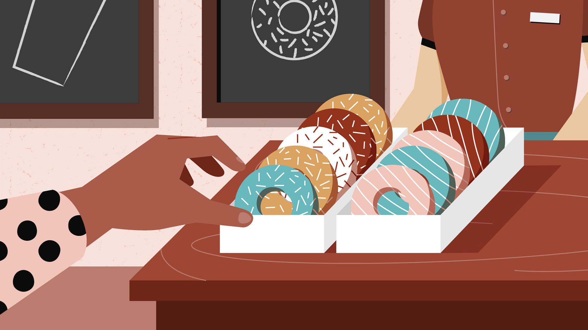 Normal Coffee & Donuts Styleframe 2: Hand nimmt Donut aus dem Regal