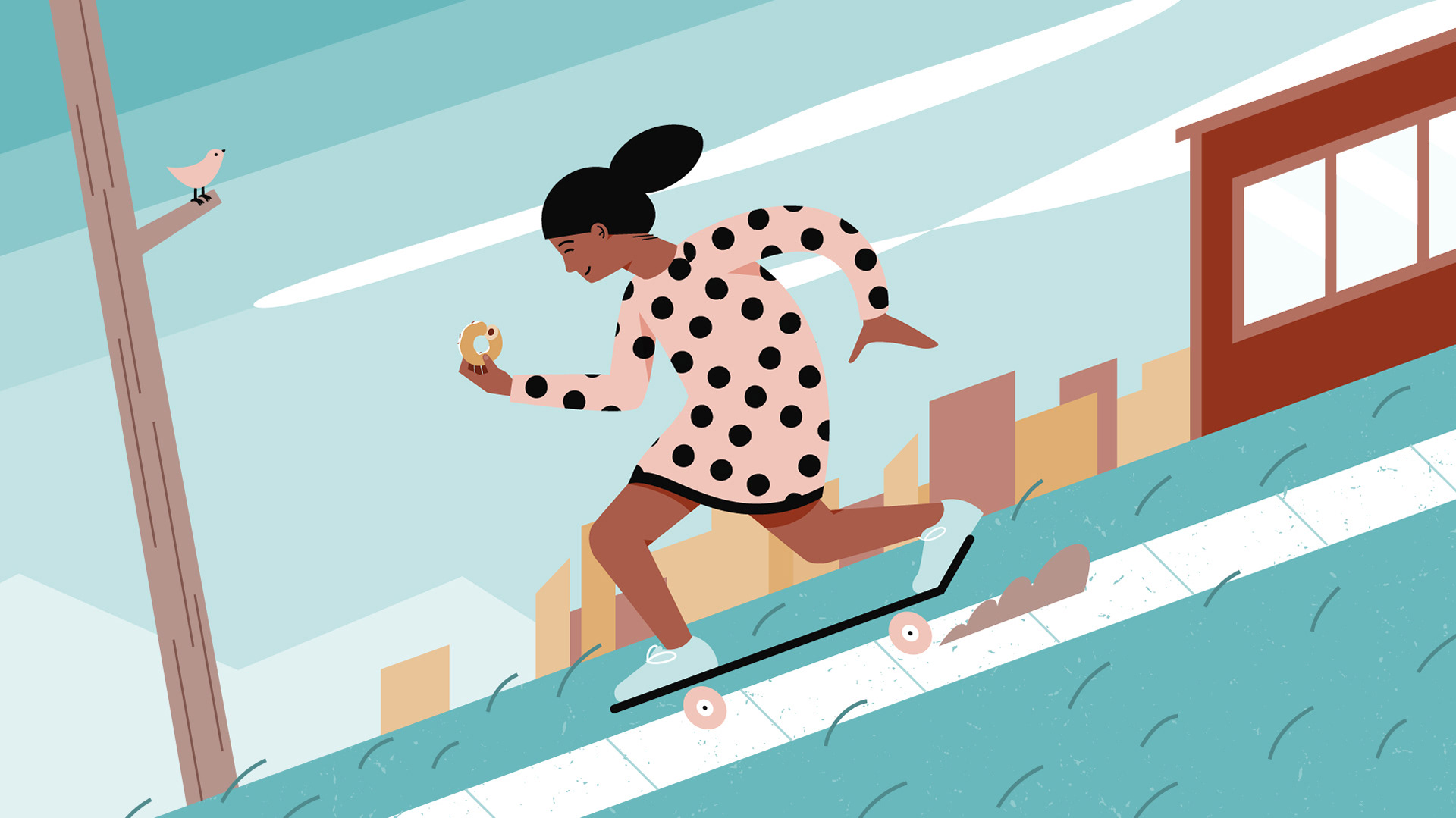 Normal Coffee & Donuts Styleframe 4: Frau rast voller Energie auf einem Skateboard den Hügel hinunter