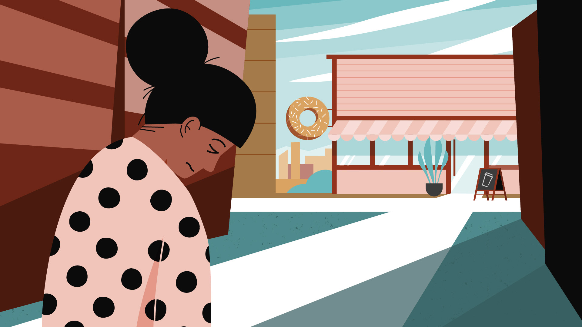 Normal Coffee & Donuts Styleframe 1: Müde Frau schleppt sich zum Shop