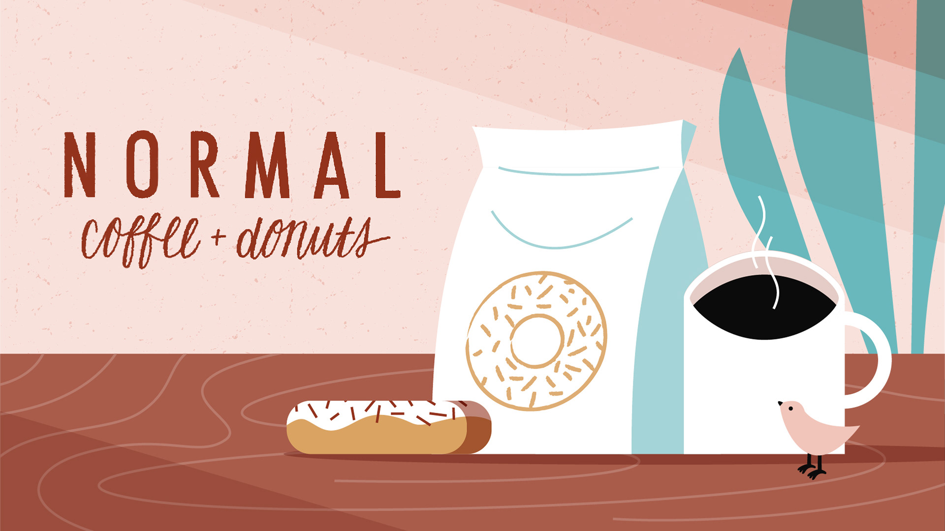 Normal Coffee & Donuts Styleframe 5: Logo mit Kaffee und Donut-Verpackung