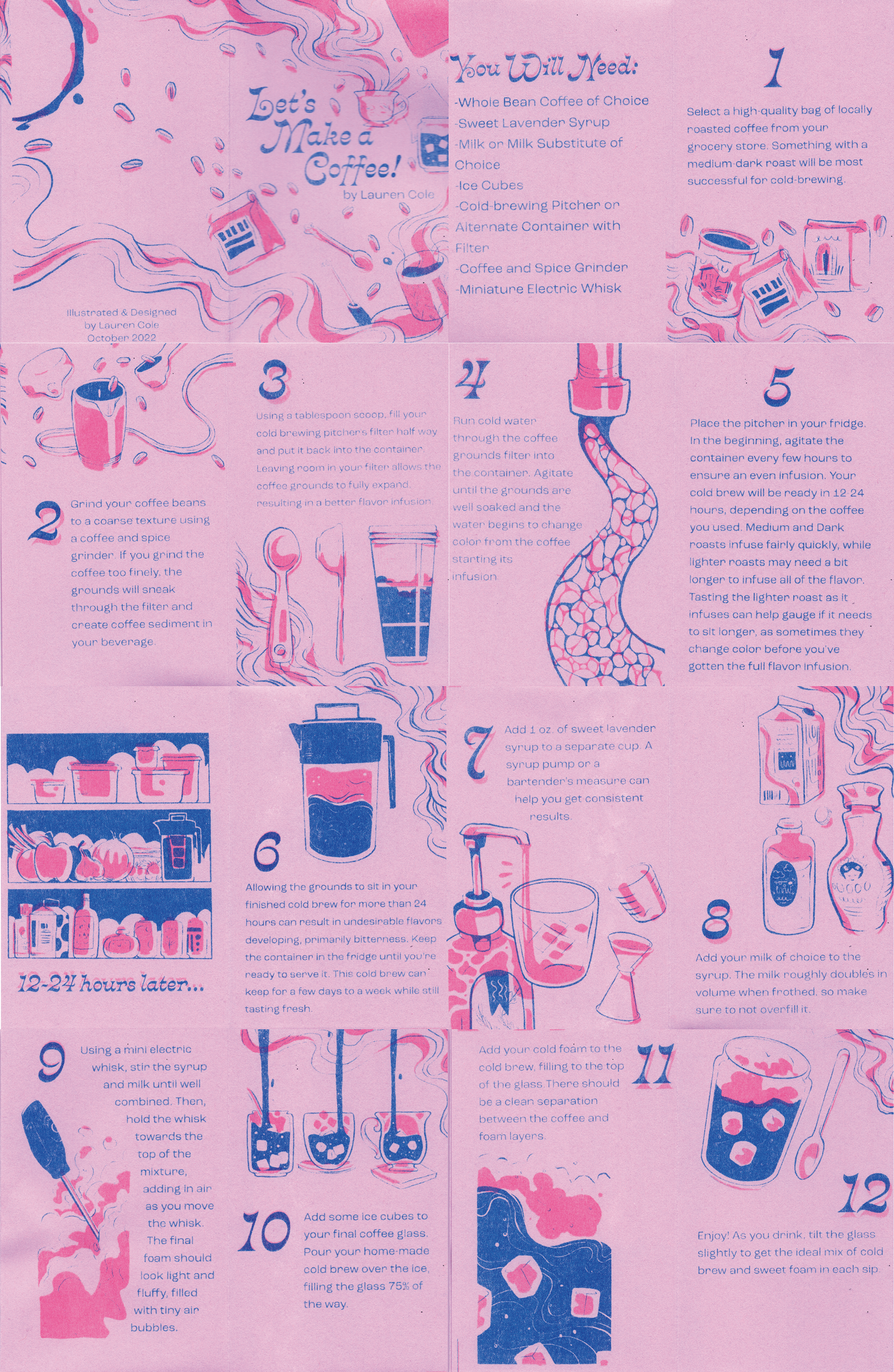 "Let's Make a Coffee," Digital (Illustrations done in Procreate, Layout done in Illustrator)and Risograph MZ 1090 (Printed in Light Blue and Bubblegum Pink)